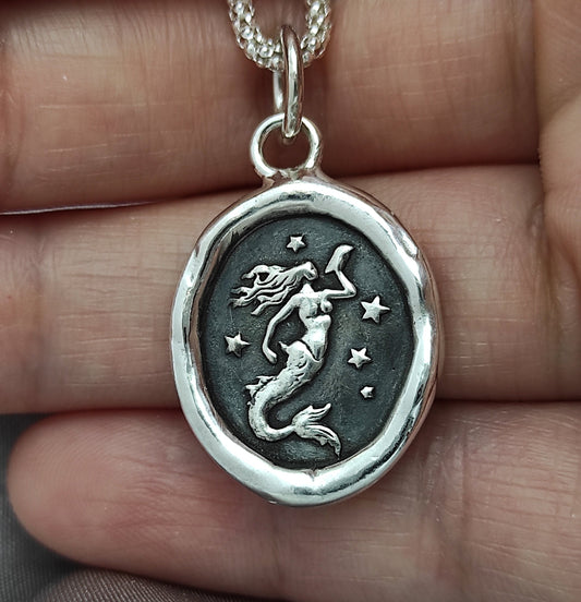 Mermaid Celestial Wax Seal Necklace Pendant, Handmade Silver Talisman, Intaglio Seal Heirloom, Original Design Liliane Ting LT073