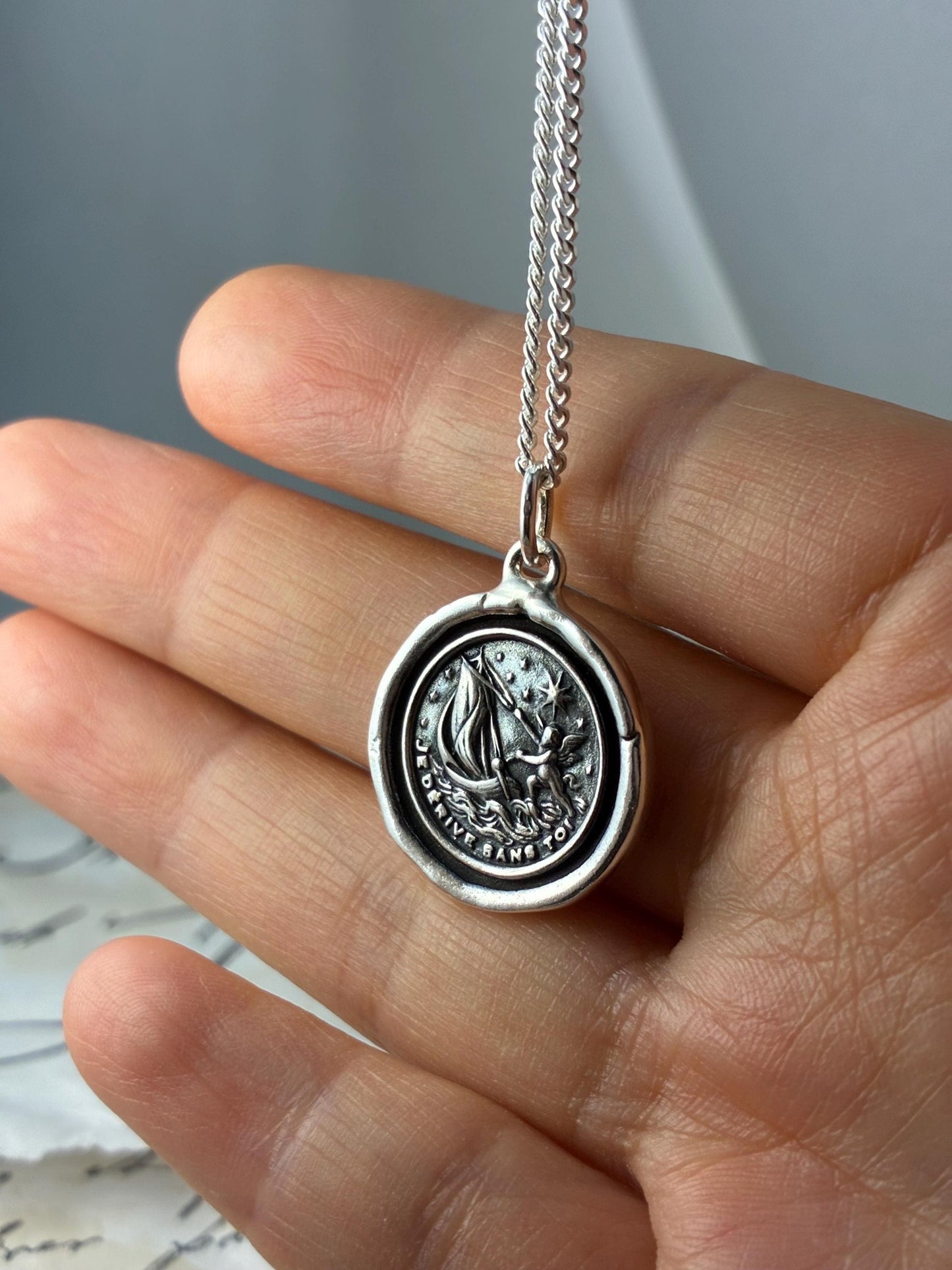 Silver Boat Wax Seal Pendant – “Je Devine Sans Tout Voir” – Sailboat & Star Symbol Necklace of Intuition, Hope, and Inner Guidance