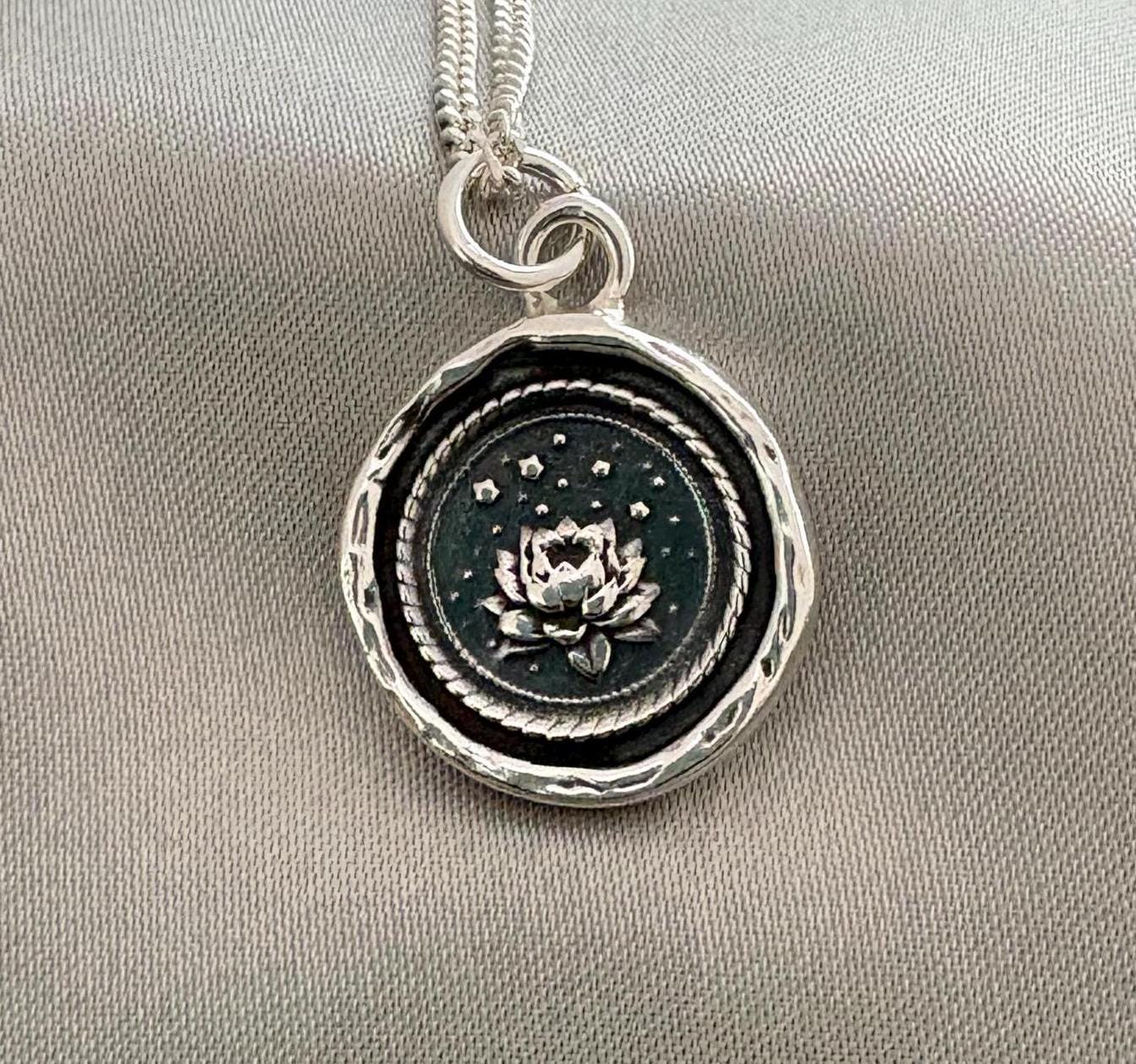 Silver Lotus Pendant – Spiritual Growth & Enlightenment Wax Seal Necklace, Handmade Charm, Intaglio Seal Heirloom, Original Design LT Studio