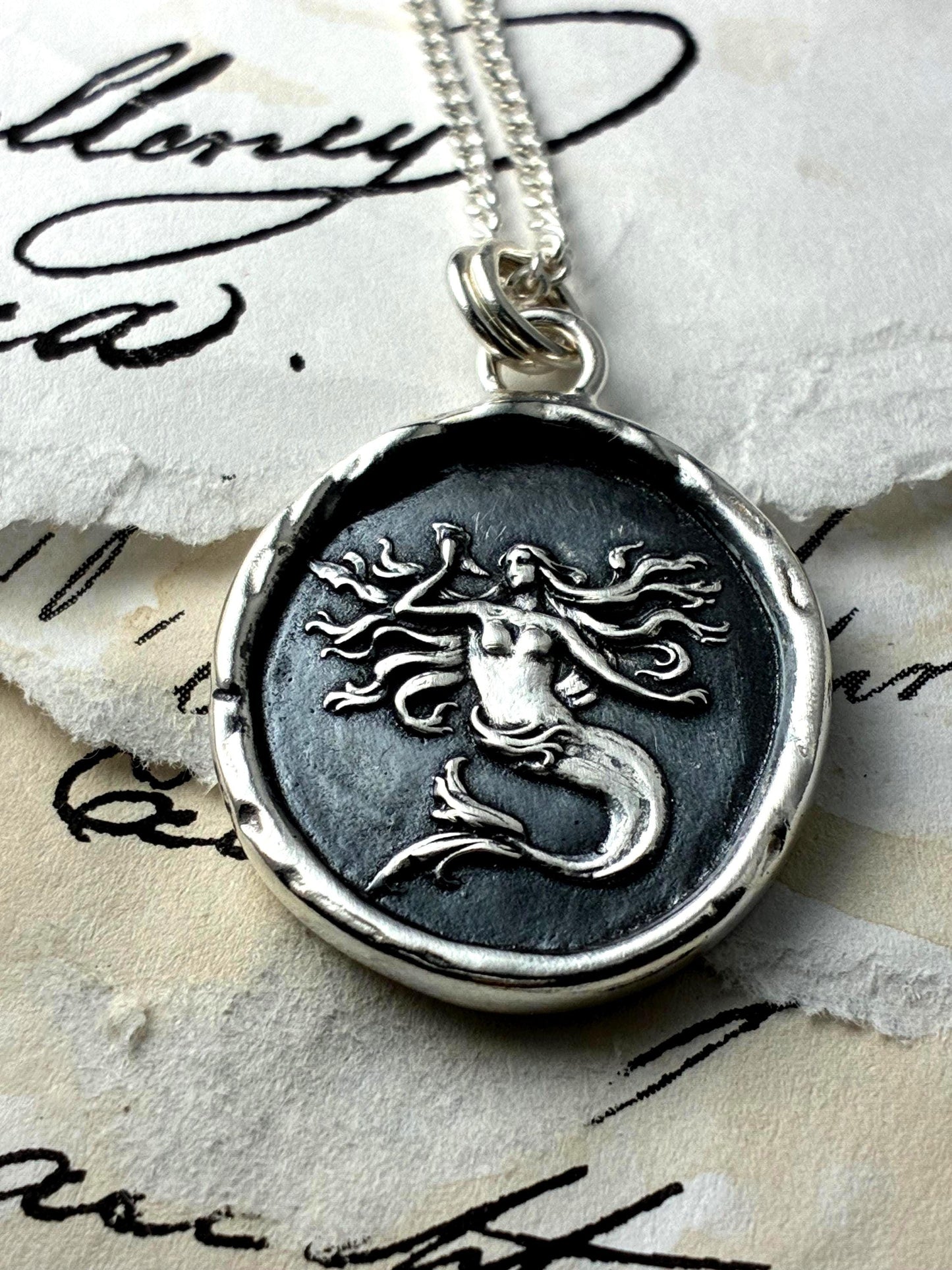 Fantasy Mermaid Celestial Wax Seal Necklace Pendant, Handmade Silver Talisman, Intaglio Seal Heirloom, Original Design by Liliane Ting LT105