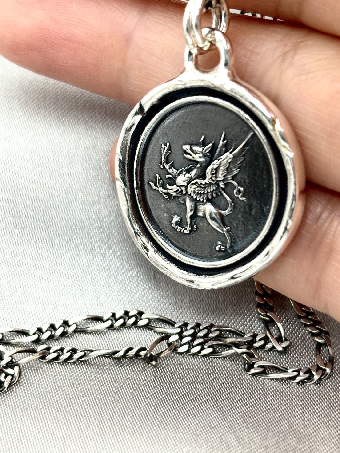 Griffin Celestial Wax Seal Necklace Pendant, Handmade Silver Talisman, Intaglio Seal Heirloom, Original Design LT093