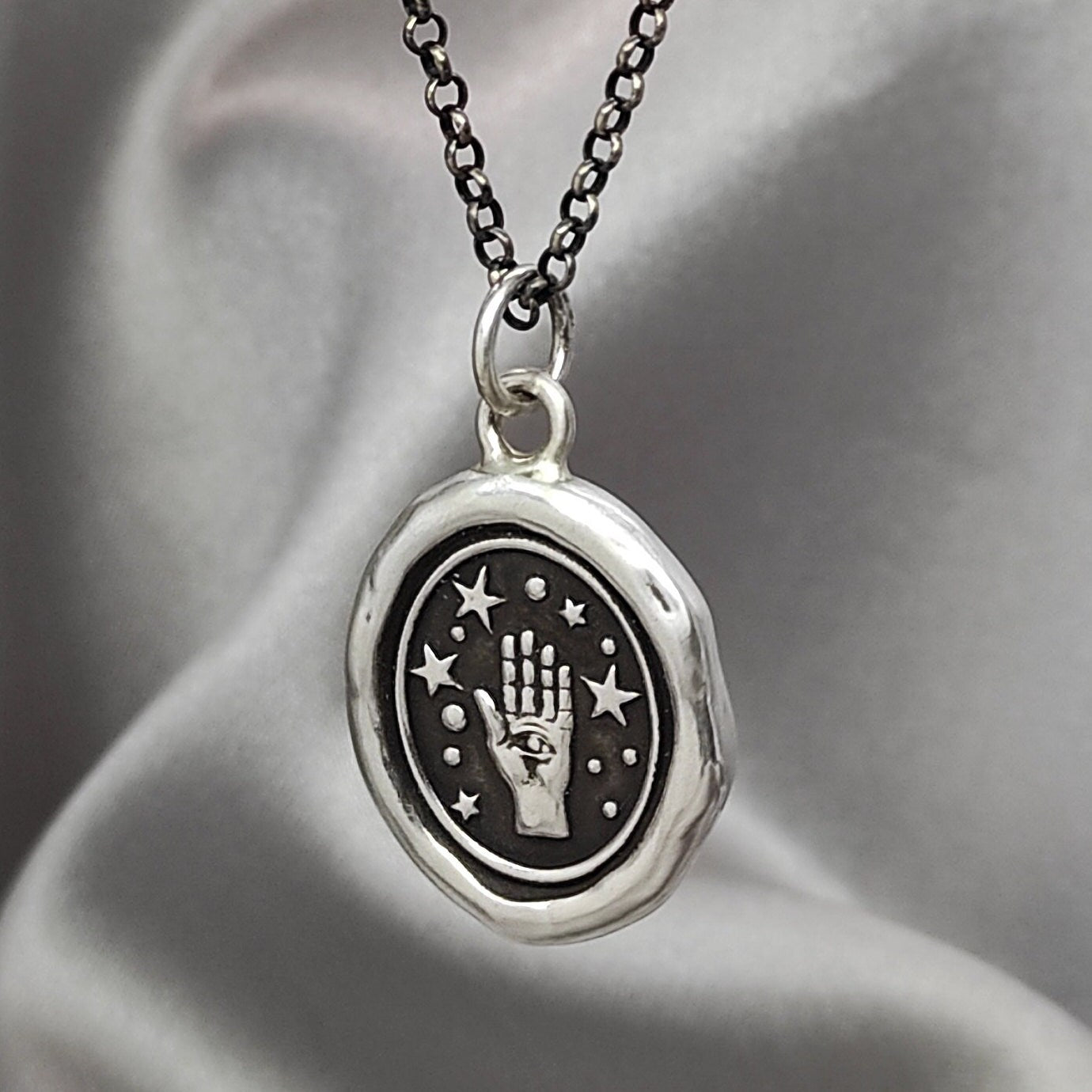 Magic Hand Star Celestial Wax Seal Necklace Pendant, Handmade Silver Talisman, Intaglio Seal Heirloom, Original Design Liliane Ting LT028