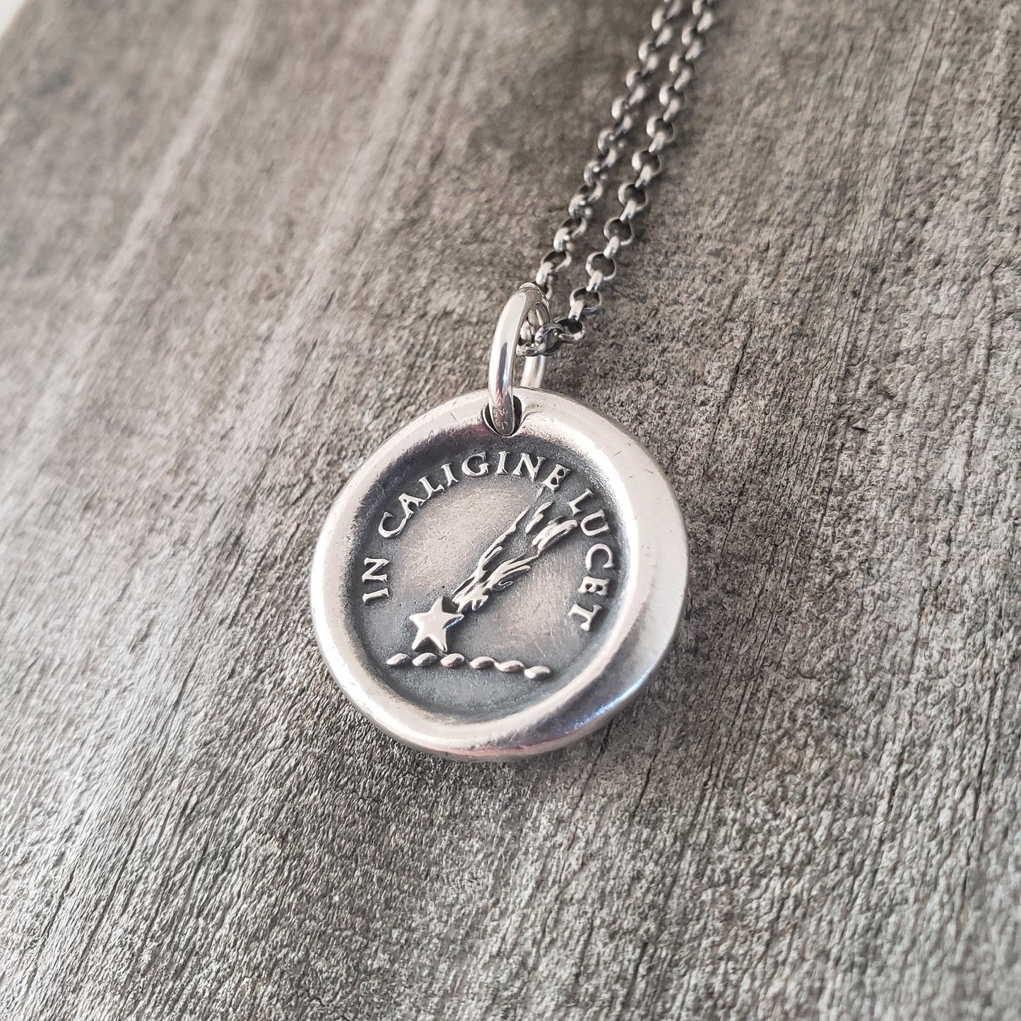 Comet Pendant, Wax Seal Necklace, Latin Motto, Handmade Silver Charm, Intaglio Seal Heirloom. Original Design by Liliane Ting LT033