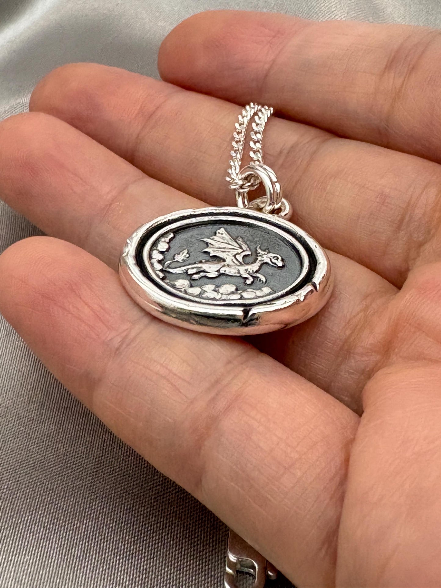 Flying Baby Dragon Wax Seal Necklace Pendant, Handmade Silver Talisman, Intaglio Seal Heirloom, Original Design Liliane Ting LT101