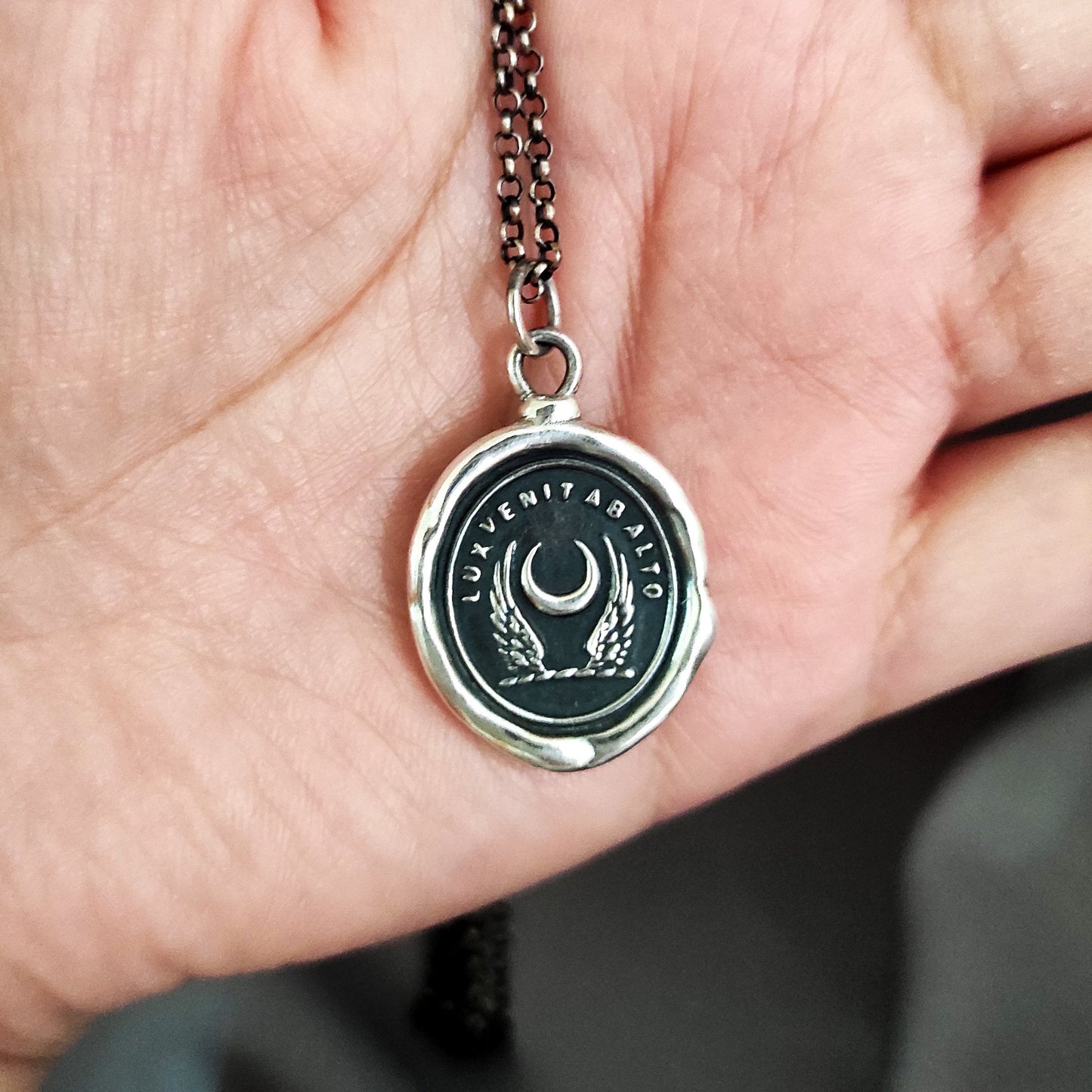 Wing Crescent Moon Celestial Wax Seal Necklace Pendant, Handmade Silver Talisman, Heirloom, Original Design Liliane Ting LT039