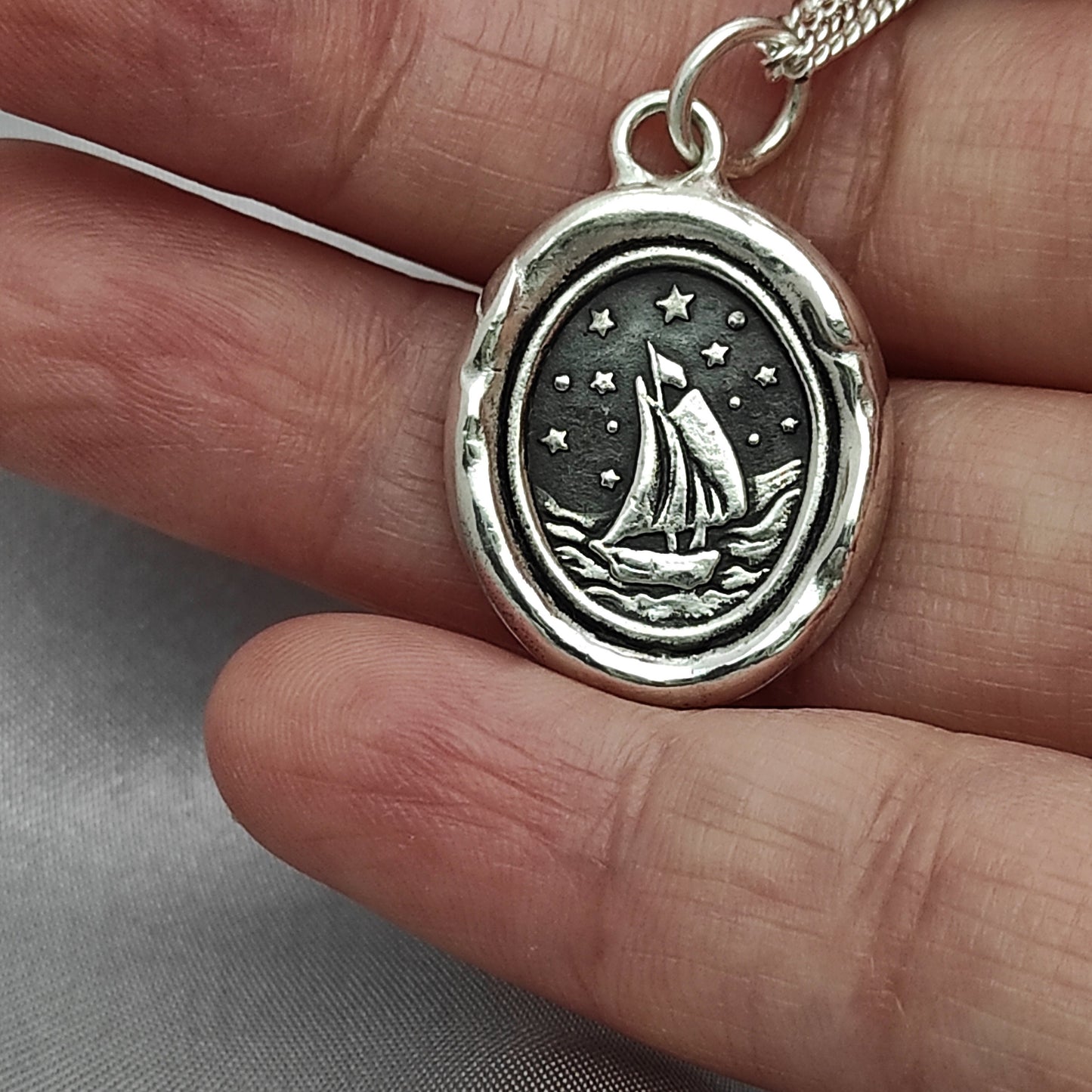 Sailing Boat Bon Voyage Celestial Wax Seal Necklace Pendant, Handmade Silver Talisman, Intaglio Seal Heirloom, LT Studio LT077