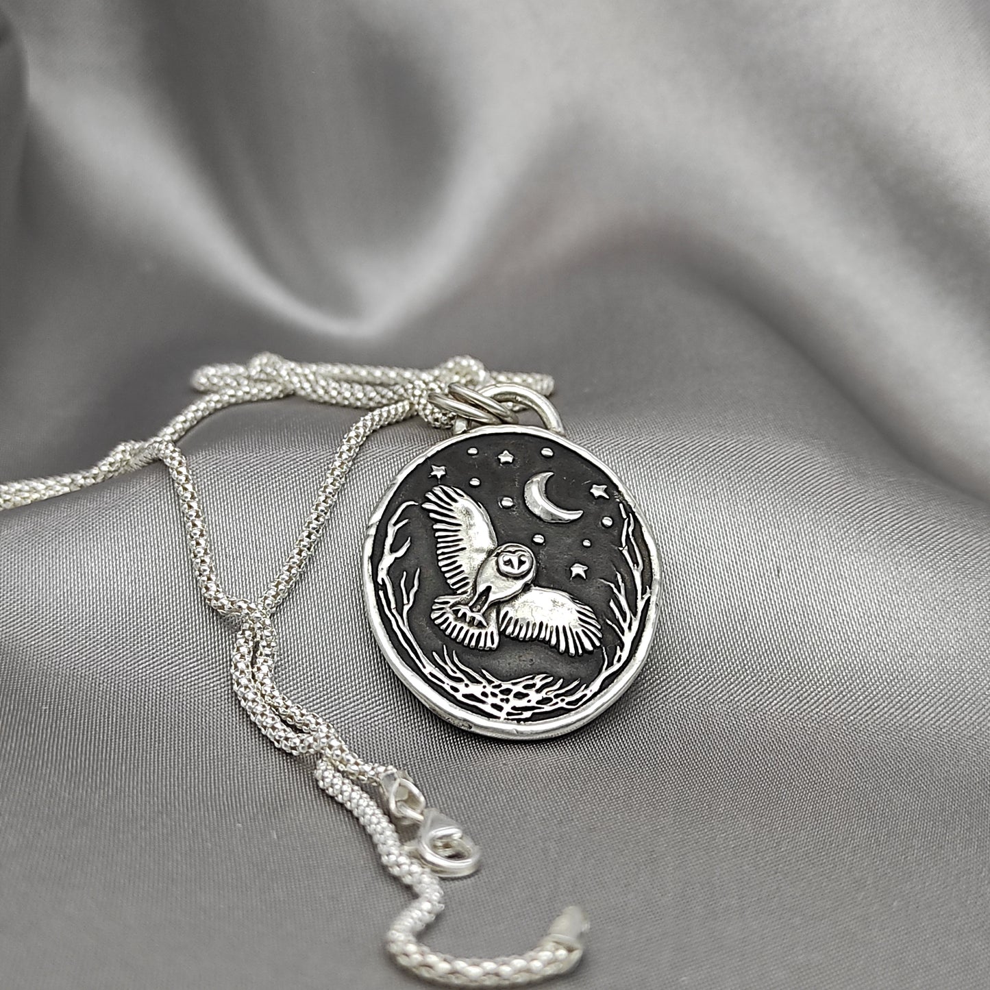 Silver Owl Celestial Pendant, Wax Seal Starry Night Necklace, Handmade Silver Charm, Intaglio Seal Heirloom, Original Design LT068
