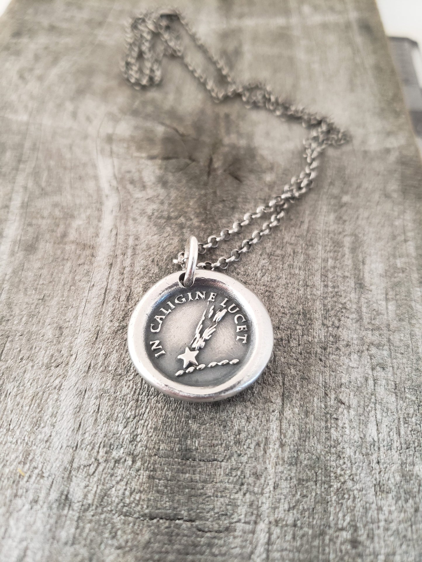 Comet Pendant, Wax Seal Necklace, Latin Motto, Handmade Silver Charm, Intaglio Seal Heirloom. Original Design by Liliane Ting LT033