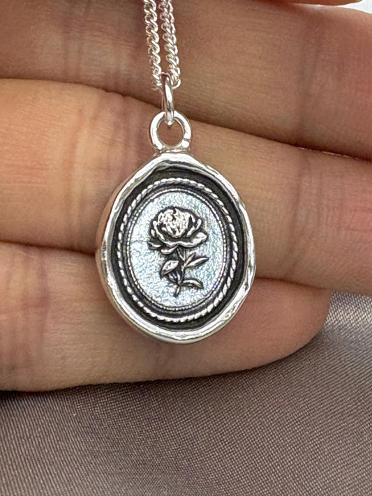 Rose Pendant – Vintage Floral Wax Seal Necklace, Handmade Silver Charm, Intaglio Seal Heirloom, Original Design LT Studio