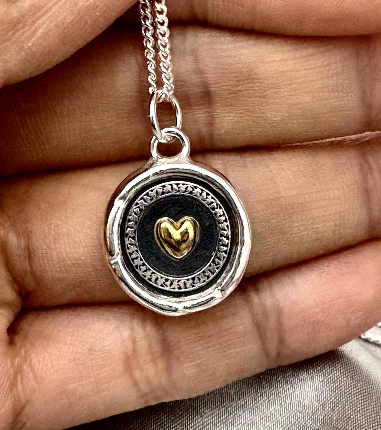 Romantic Heart Pendant Wax Seal Love Necklace, 22K Gold Overlay Fine Silver, Handmade, Intaglio Seal Heirloom, Original Design Liliane Ting