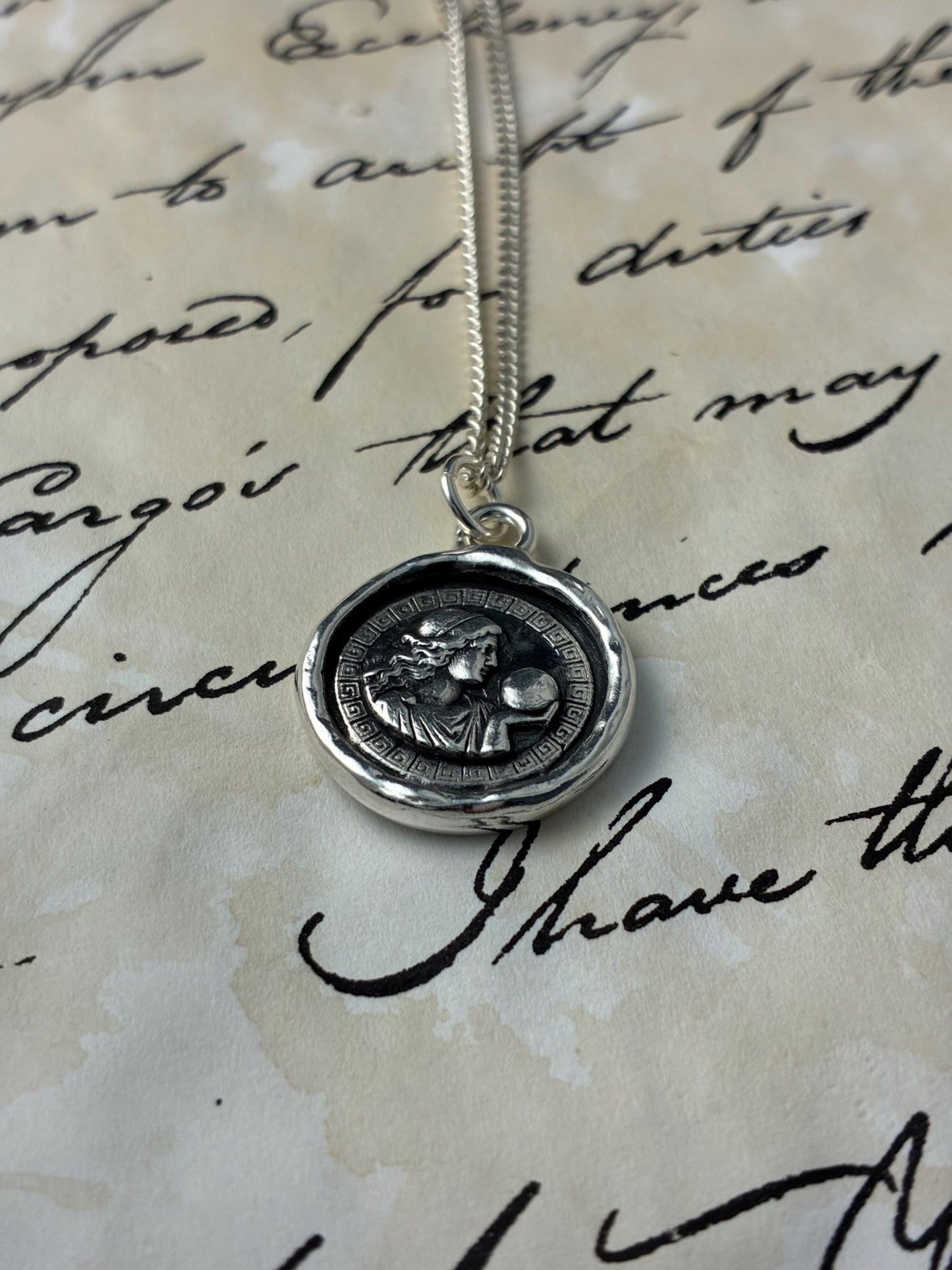Celestial Greek Goddess Pendant, Mythological Wax Seal Necklace, Handmade Silver Amulet • One-of-a-Kind Ancient Seer Necklace Liliane Ting