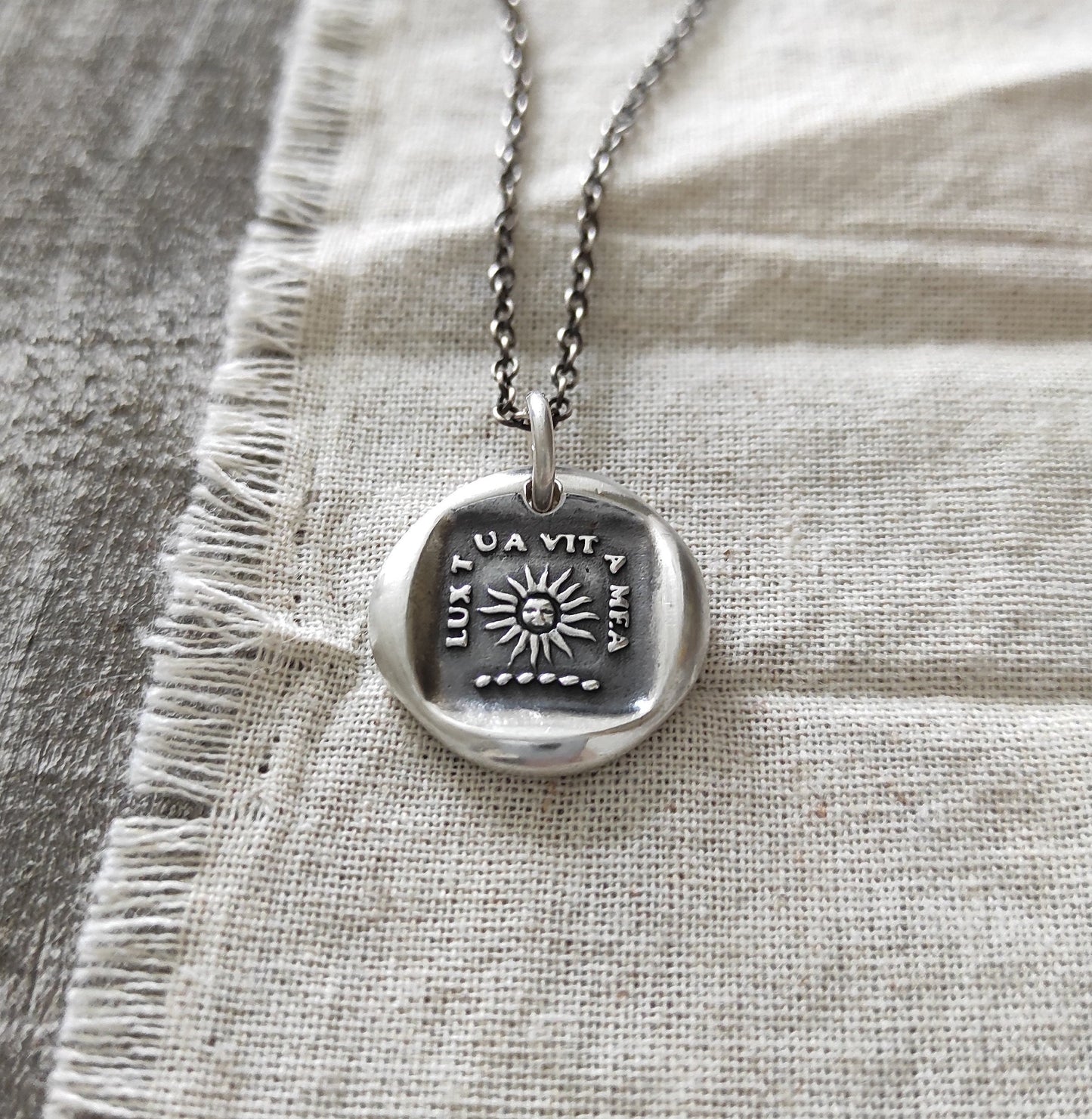 Silver Sun Pendant, Wax Seal Necklace, Handmade Silver Charm, Intaglio Seal Heirloom Original Design by Liliane Ting LT058