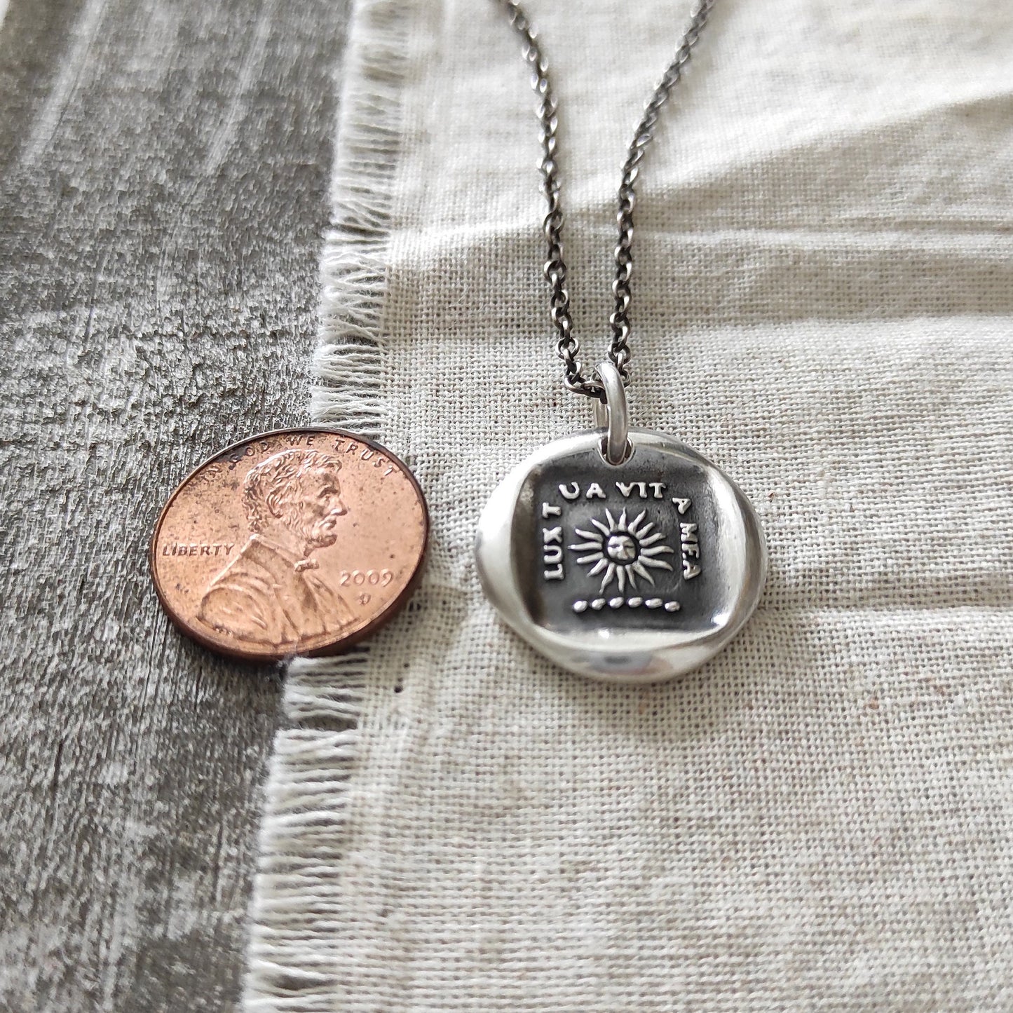 Sun Necklace, Wax Seal Pendant/Latin Motto/Handmade Silver Talisman/Intaglio Seal Heirloom Original Design by Liliane Ting LT001