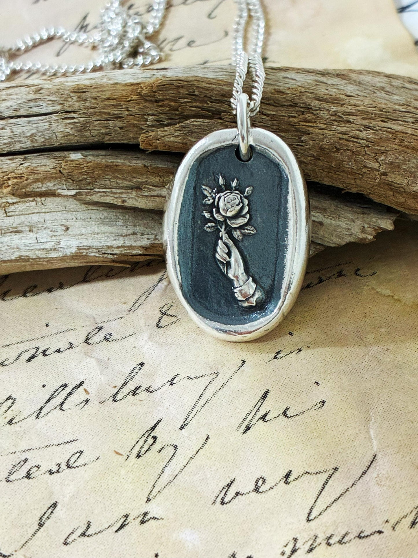Rose Necklace, Wax Seal Graceful Hand Pendant, Handmade Silver Talisman, Heirloom, Original Design LT Studio LT136
