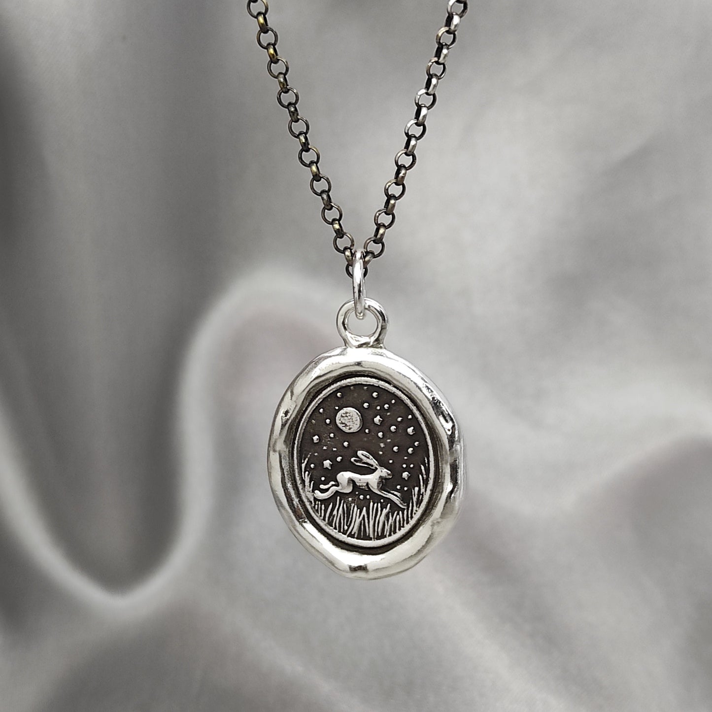Rabbit Bunny Celestial Star Night Wax Seal Necklace Pendant, Handmade Silver Talisman, Intaglio Seal Heirloom, Original Design Liliane Ting
