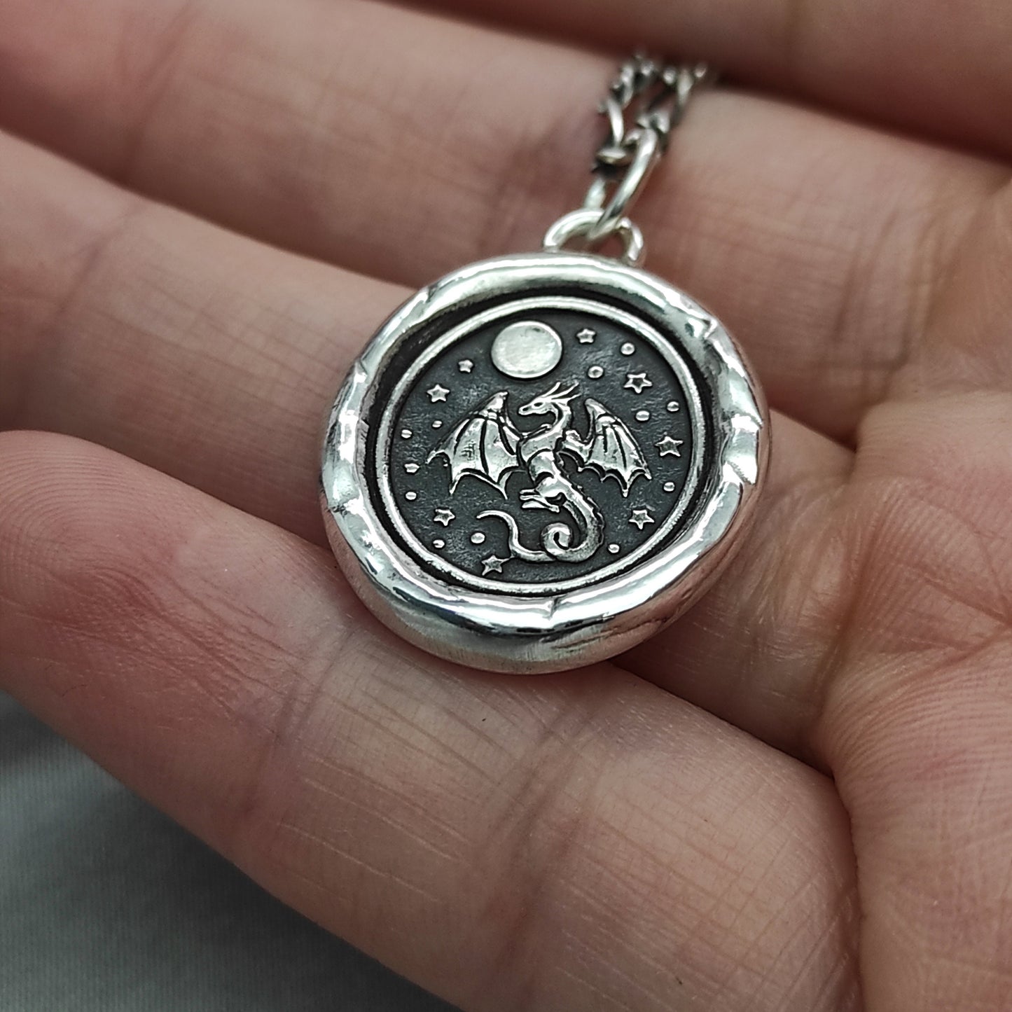 Dragon Celestial Star Moon Wax Seal Necklace Pendant, Handmade Silver Talisman, Intaglio Seal Heirloom, Original Design LT083