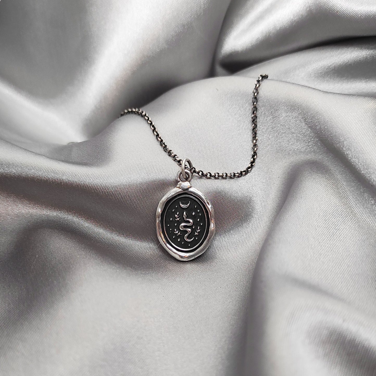 Snake Necklace, Celestial Moon Wax Seal Pendant, Handmade Silver Talisman, Intaglio Seal Heirloom Original Design Liliane Ting LT025