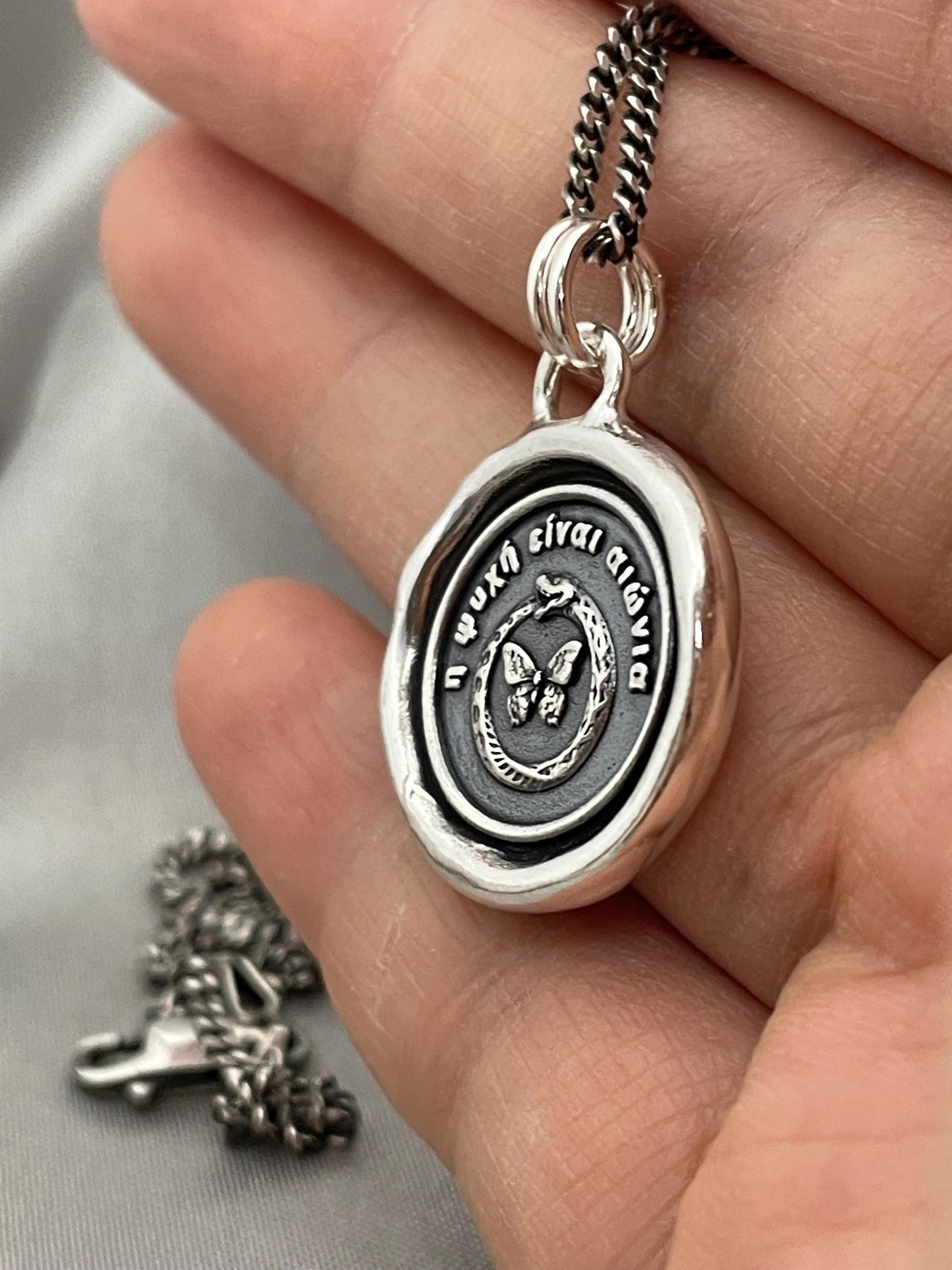 Celestial Snake Butterfly Necklace, Wax Seal Pendant, Handmade Silver Talisman, Intaglio Seal Heirloom, Original Design Liliane Ting LT092