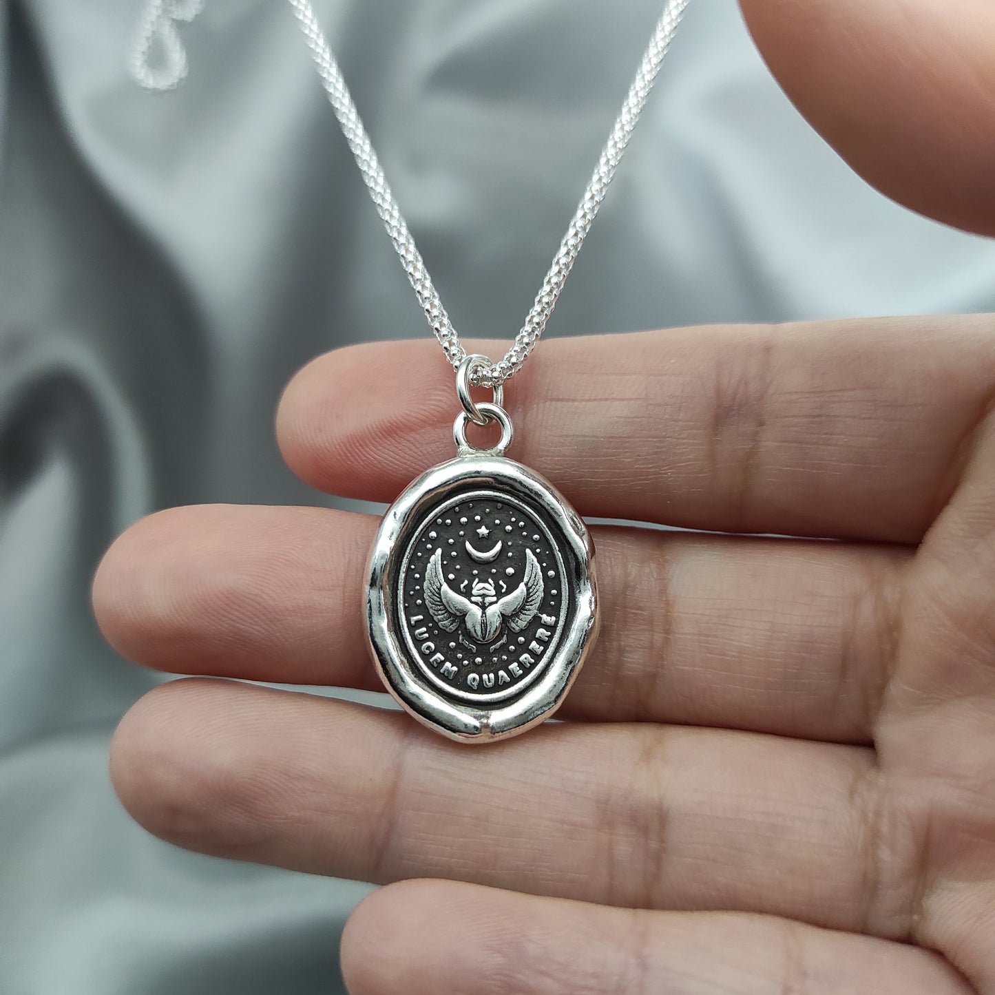 Immortal Scarab Beetle Necklace, Celestial Star Wax Seal Pendant, Handmade Silver Talisman, Intaglio Seal Heirloom, Original Design LT032