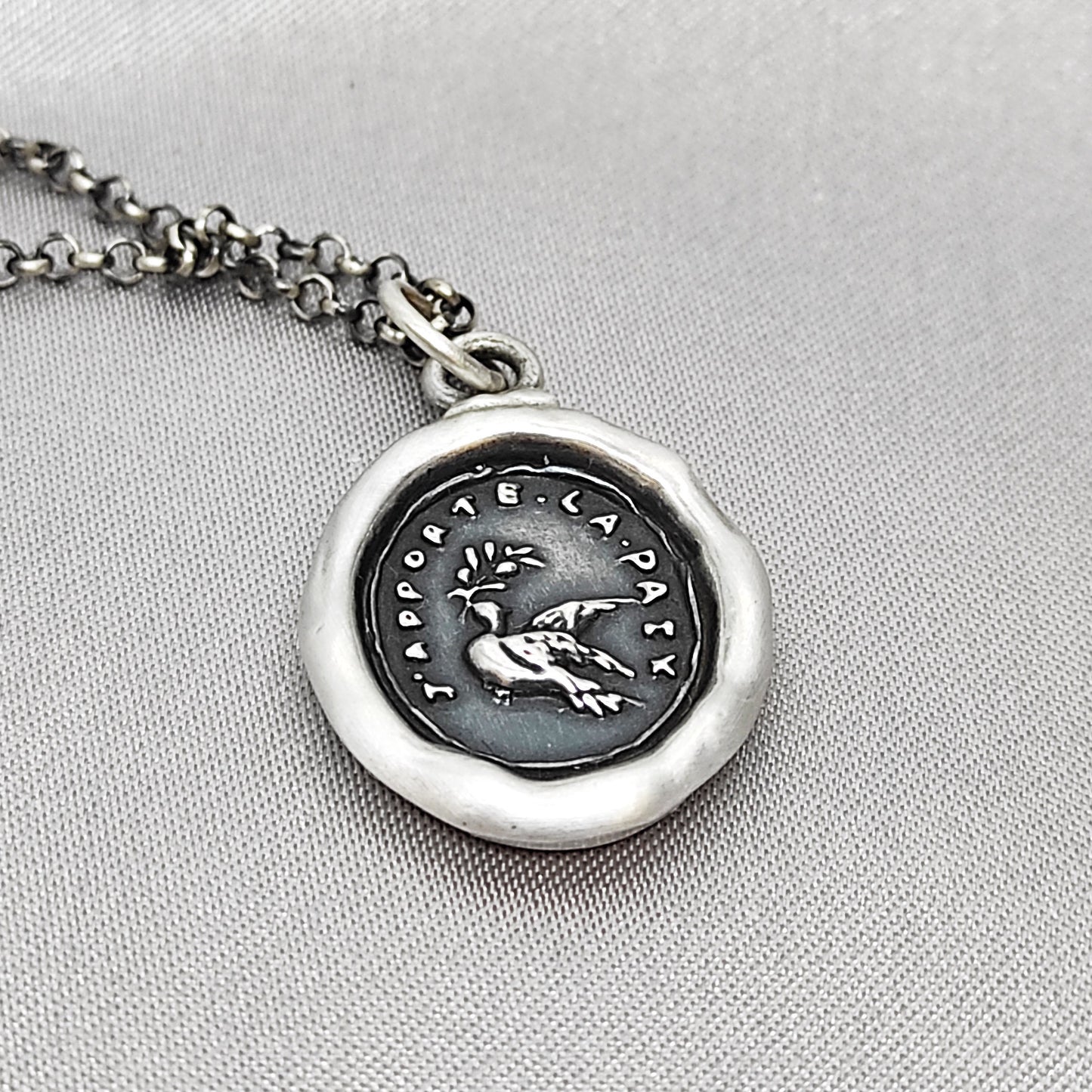 Dove Olive Branch Peace Love Wax Seal Necklace Pendant, Handmade Silver Talisman, Intaglio Seal Heirloom Original Design LT011