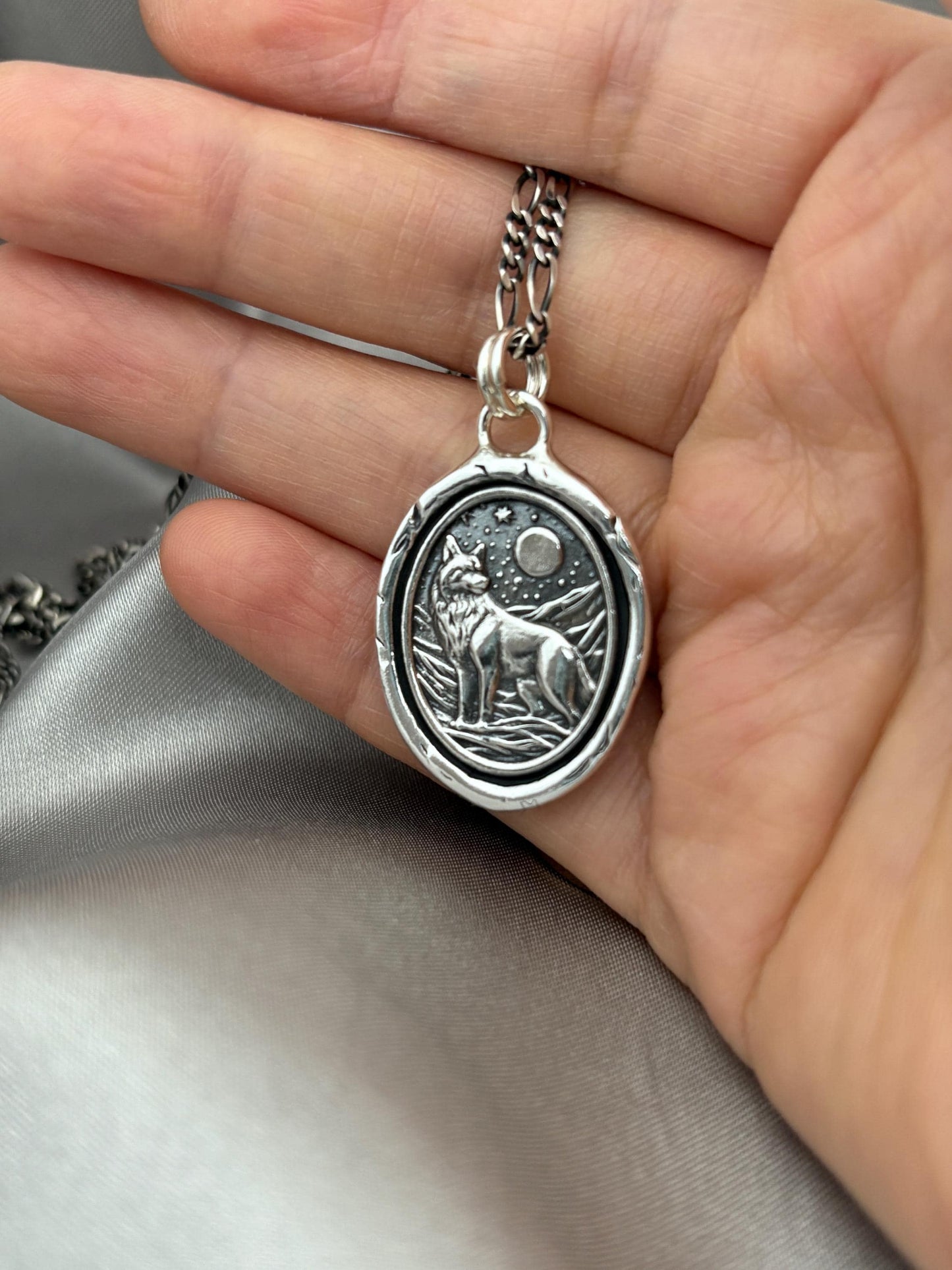 Wolf Moon Celestial Necklace, Wax Seal Pendant, Handmade Silver Talisman, Intaglio Seal Heirloom, Original Design LT082