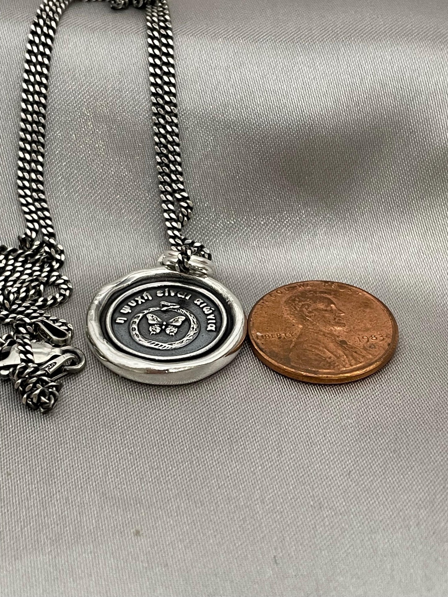 Celestial Snake Butterfly Necklace, Wax Seal Pendant, Handmade Silver Talisman, Intaglio Seal Heirloom, Original Design Liliane Ting LT092