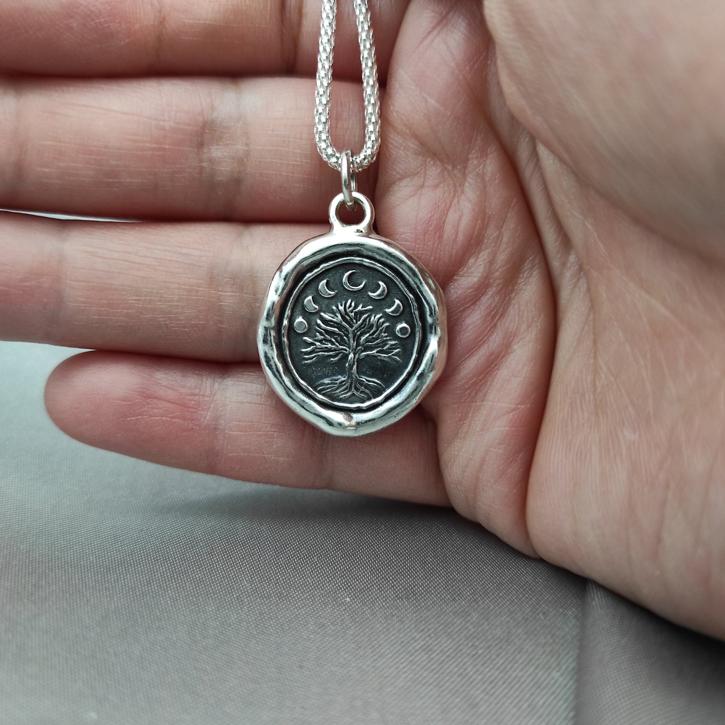 Tree Moon Celestial Necklace, Wax Seal Pendant, Handmade Silver Talisman, Intaglio Seal Heirloom, Original Design Liliane Ting Studio LT007