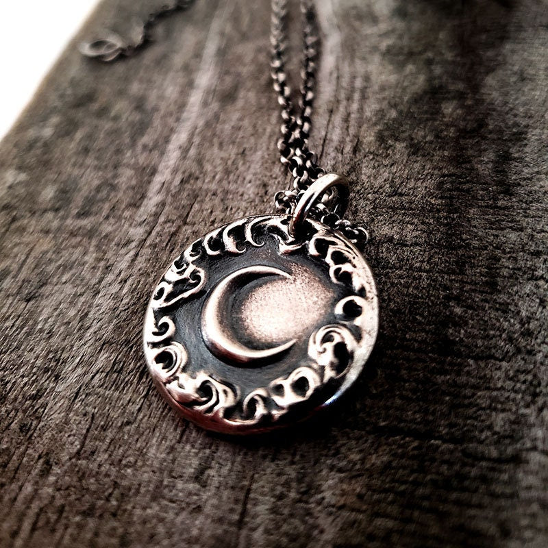 Silver Crescent New Moon Pendant, Handmade Silver Charm, Cloud Wax Seal Necklace, Intaglio Seal Heirloom Original Design LilianeTing LT050