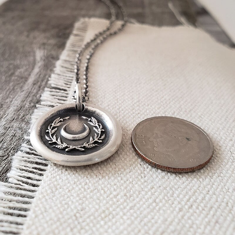 Crescent Moon and Wreath Wax Seal Necklace – Handmade Silver Intaglio Pendant, Heirloom Design by Liliane Ting, LT003
