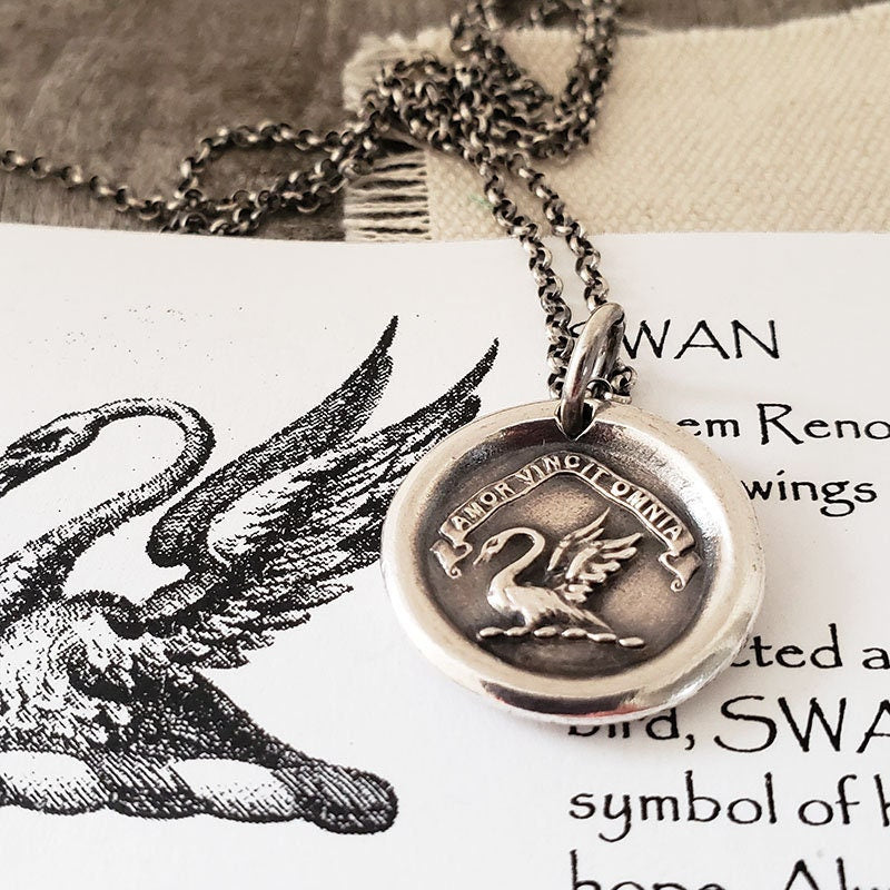 Silver Swan Pendant, Handmade Silver Charm, Wax Seal Necklace, Intaglio Seal Original Design by LilianeTing LT040
