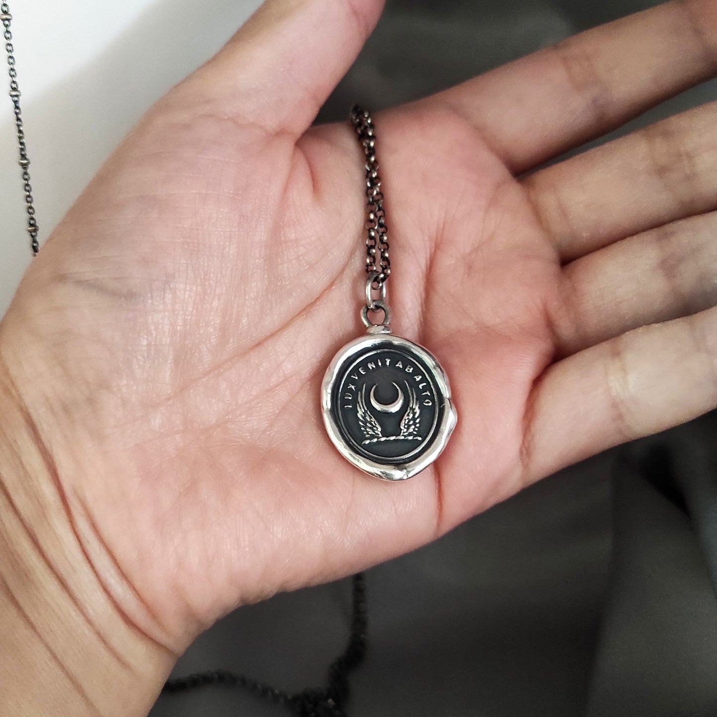 Wing Crescent Moon Celestial Wax Seal Necklace Pendant, Handmade Silver Talisman, Heirloom, Original Design Liliane Ting LT039