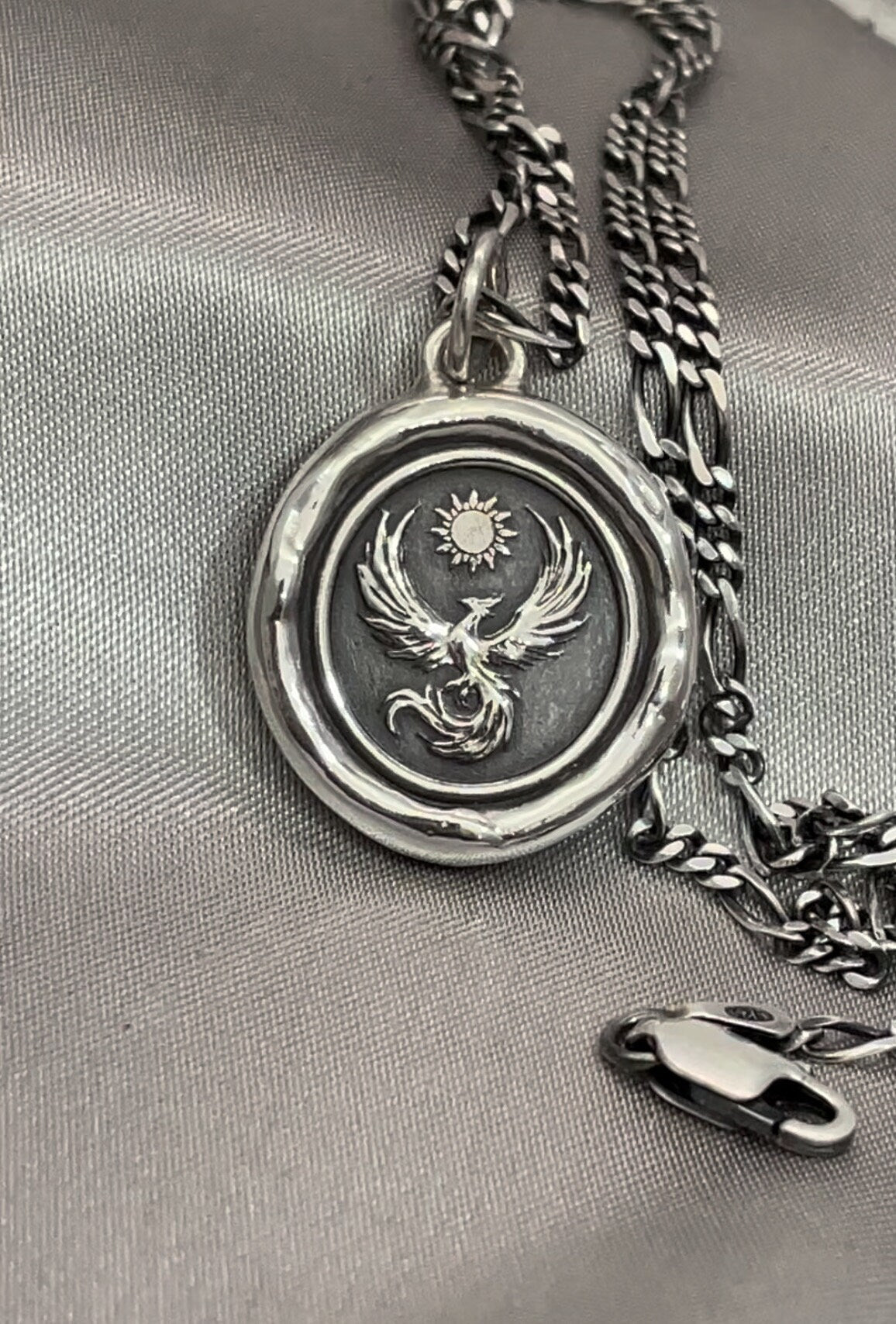 Phoenix Soaring Sun Wax Seal Necklace Pendant, Handmade Silver Talisman, Intaglio Seal Heirloom, Original Design Liliane Ting LT079