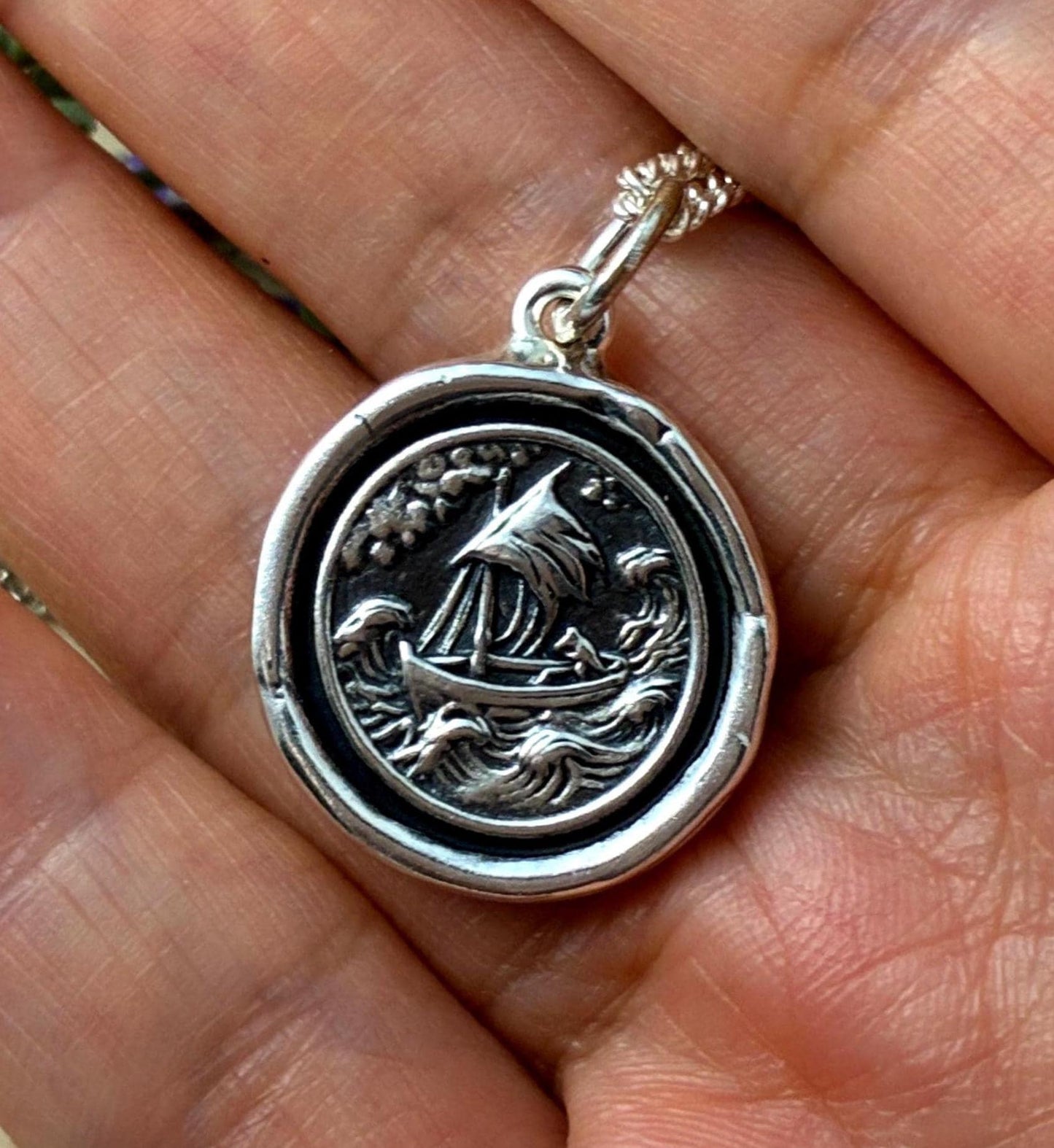Stormy Sea Boat Pendant – Nautical Wax Seal Necklace – Handmade Silver Talisman – Symbol of Strength, Journey & Faith Original Design LT149