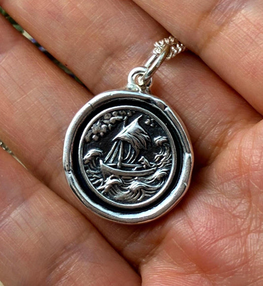 Stormy Sea Boat Pendant – Nautical Wax Seal Necklace – Handmade Silver Talisman – Symbol of Strength, Journey & Faith Original Design LT149