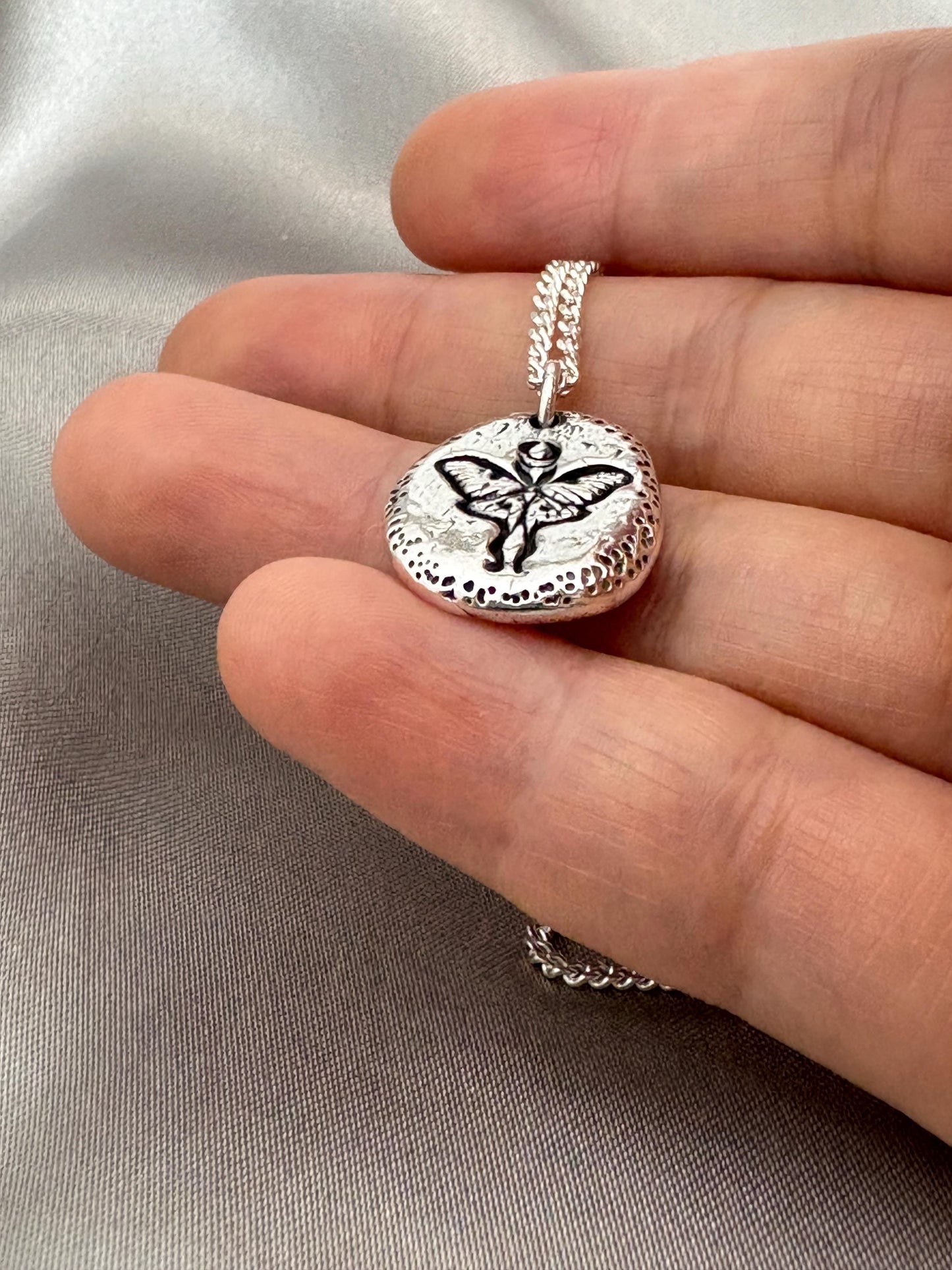 Unique Luna Moth Necklace Pendant, Handmade Silver Talisman, Stamped Bohemian Necklace, Original Design by Liliane Ting