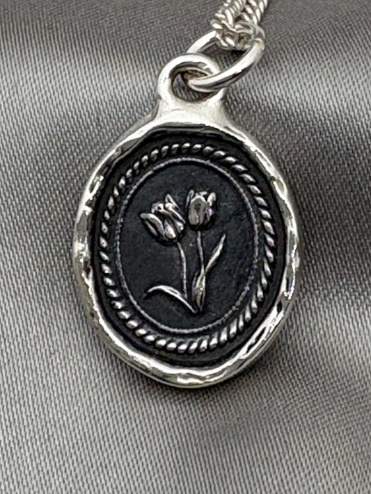 Tulip Pendant – Wax Seal Botanical Necklace – Symbol of Love and Renewal, Handmade Silver Charm, Intaglio Seal Heirloom, Original Design LT