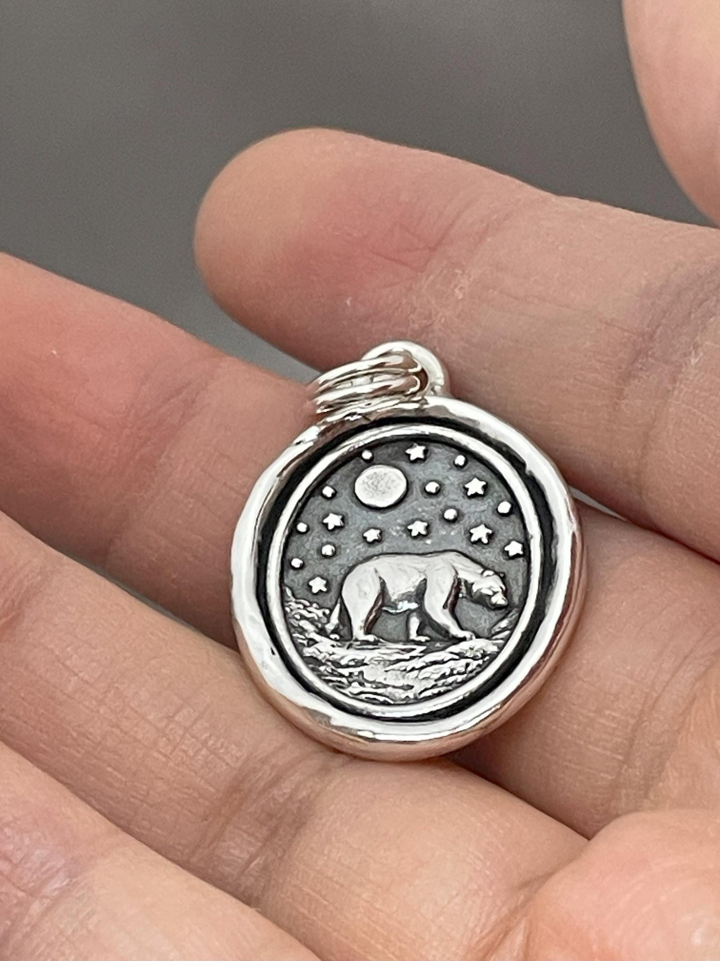 Polar Bear Necklace, Wax Seal Celestial Star Night Pendant, Handmade Silver Talisman, Intaglio Seal Heirloom, Original Design LT088