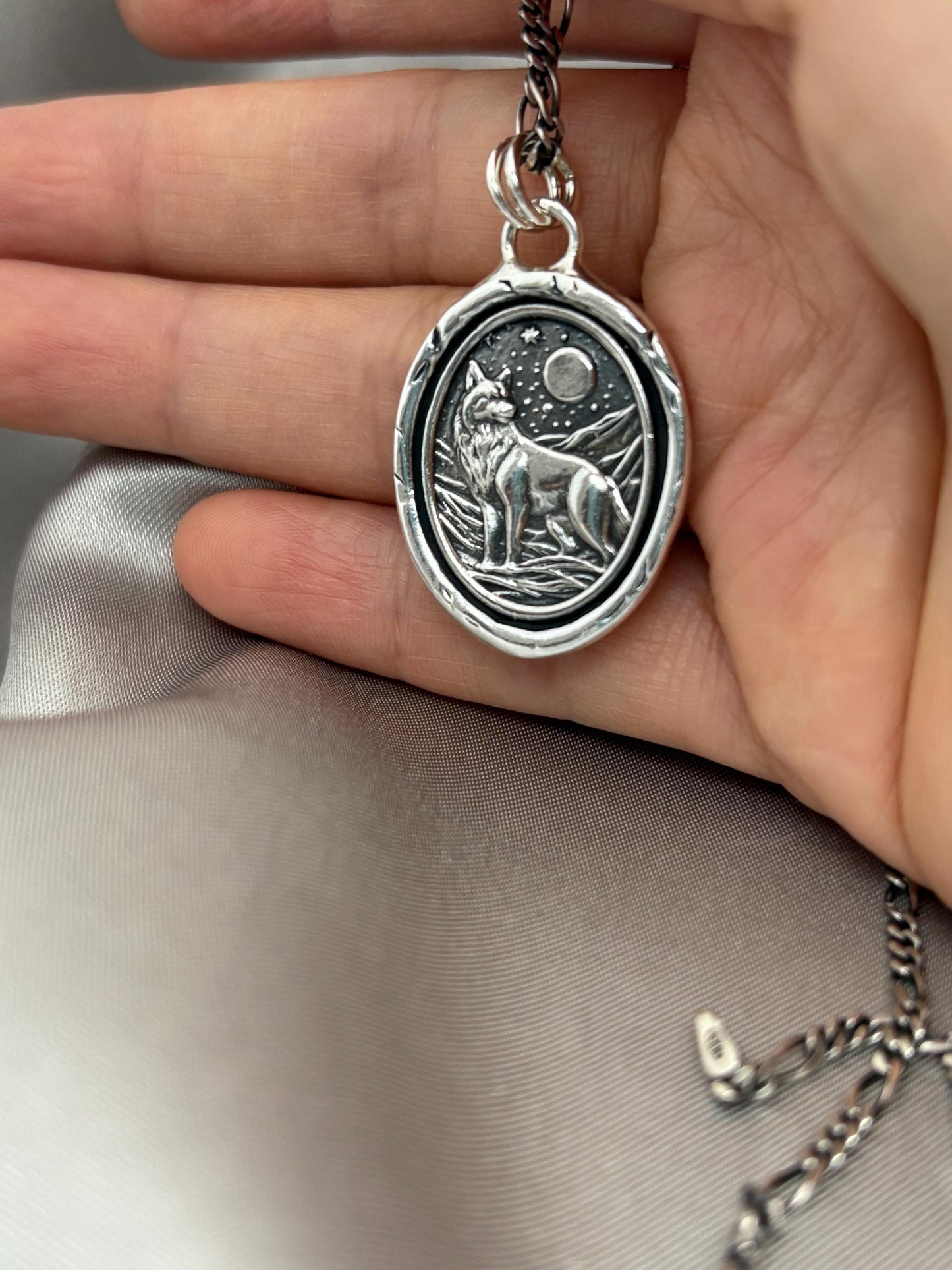 Wolf Moon Celestial Necklace, Wax Seal Pendant, Handmade Silver Talisman, Intaglio Seal Heirloom, Original Design LT082