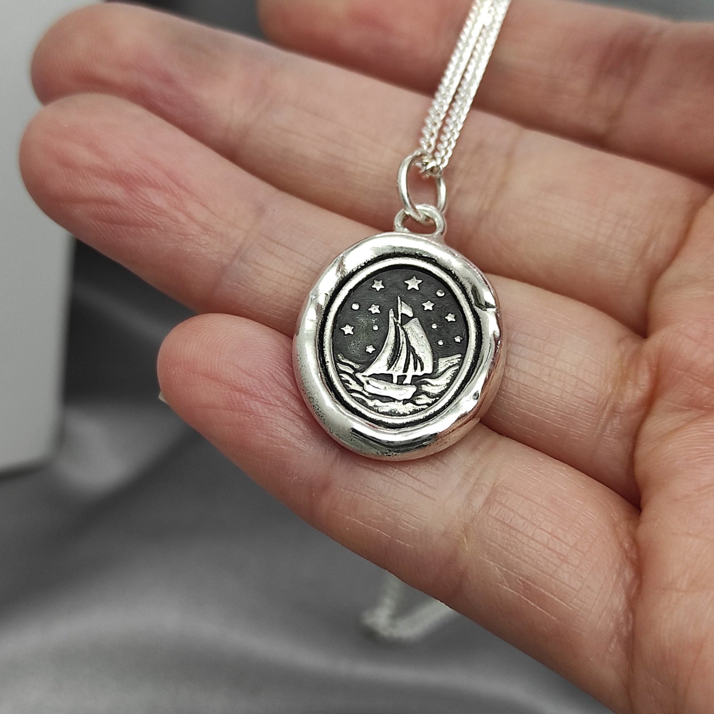 Sailing Boat Bon Voyage Celestial Wax Seal Necklace Pendant, Handmade Silver Talisman, Intaglio Seal Heirloom, LT Studio LT077