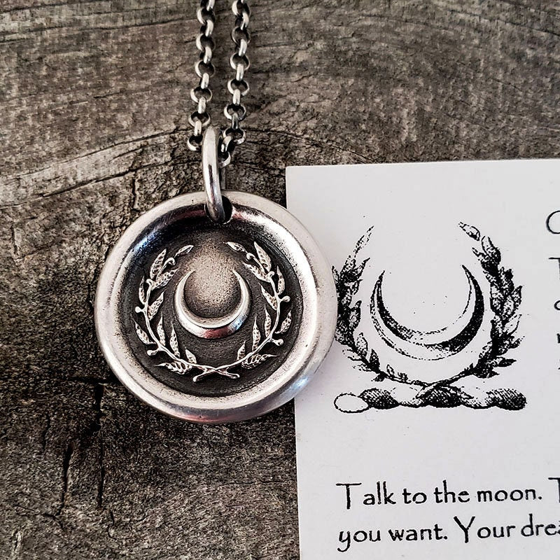 Crescent Moon and Wreath Wax Seal Necklace – Handmade Silver Intaglio Pendant, Heirloom Design by Liliane Ting, LT003