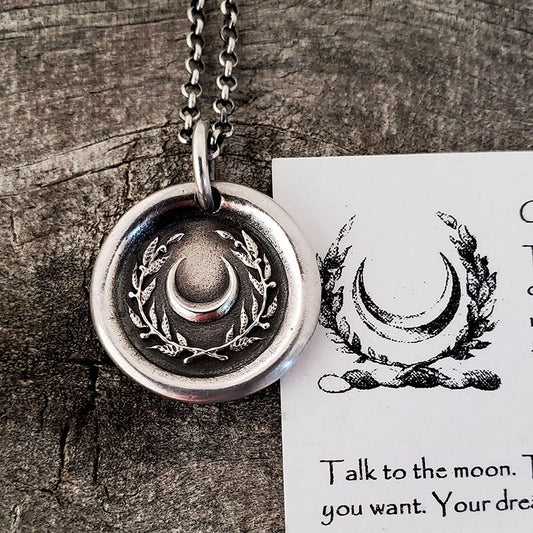 Crescent Moon and Wreath Wax Seal Necklace – Handmade Silver Intaglio Pendant, Heirloom Design by Liliane Ting, LT003