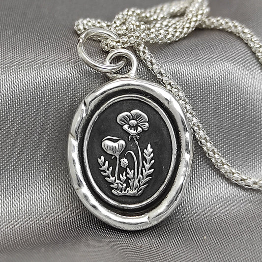 Poppy Flower Necklace, Celestial Wax Seal Pendant, Handmade Silver Talisman, Intaglio Seal, Original Design Liliane Ting Studio LT074
