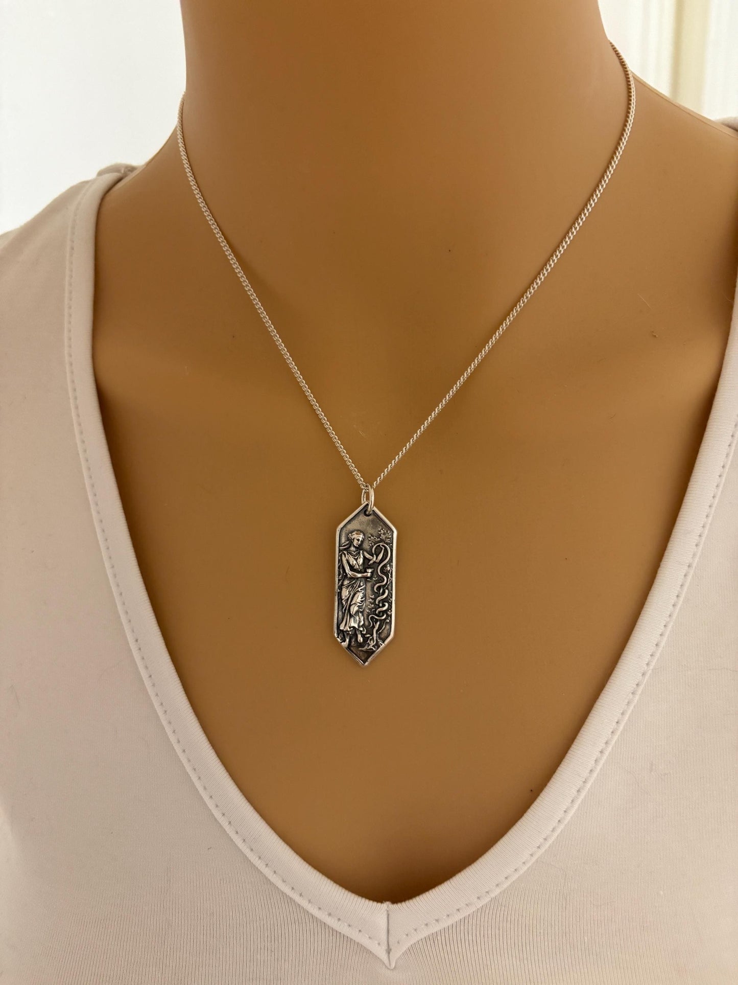 Hygieia Goddess Silver Pendant – Ancient Greek Healing Goddess Necklace Wax Seal Talisman, Intaglio, Original Design Liliane Ting LT0143