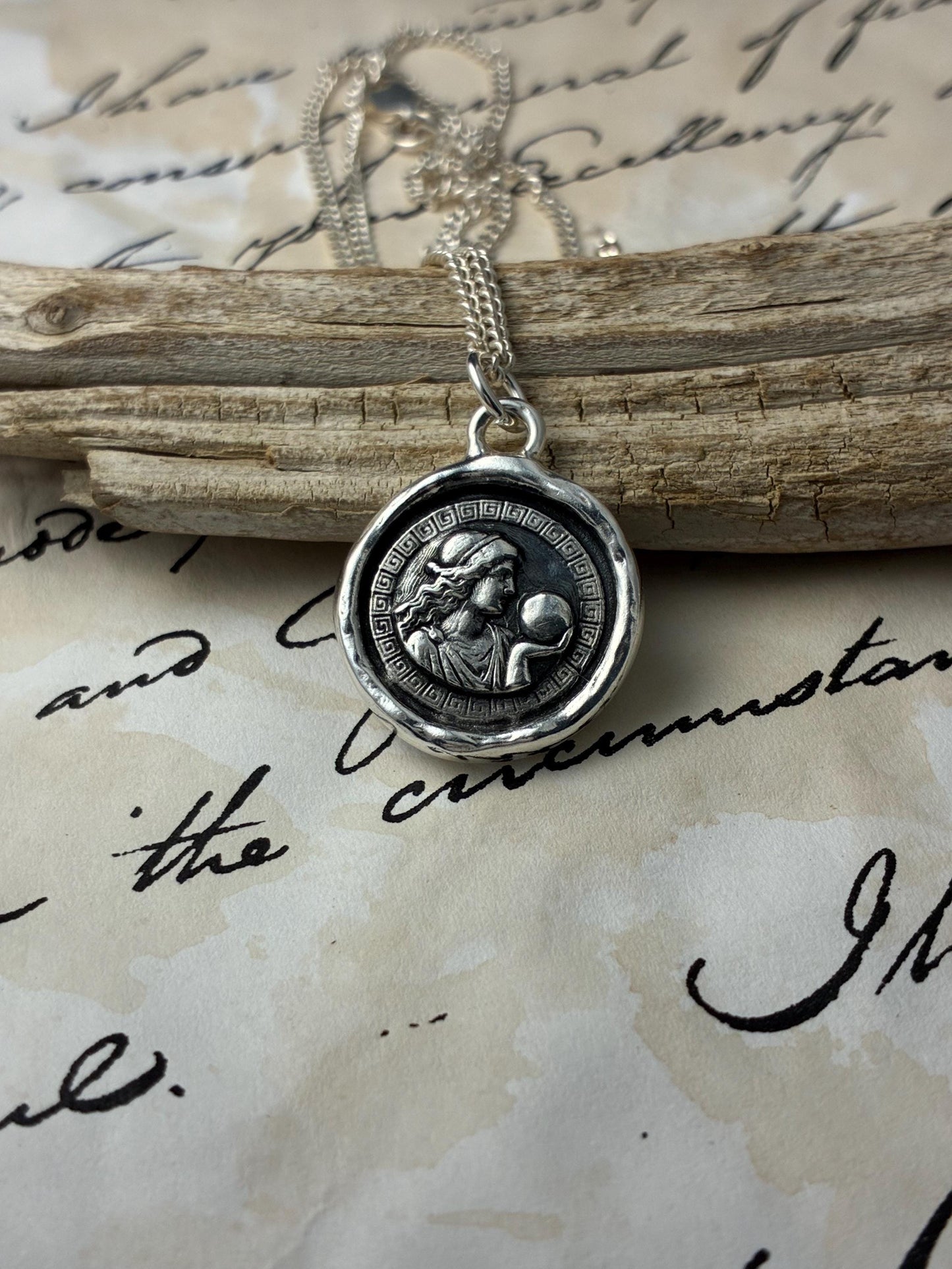 Celestial Greek Goddess Pendant, Mythological Wax Seal Necklace, Handmade Silver Amulet • One-of-a-Kind Ancient Seer Necklace Liliane Ting