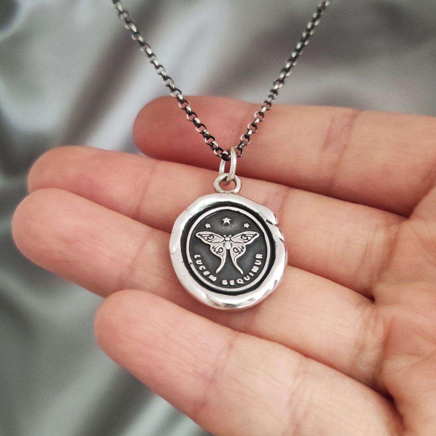 Moth Follow the Light Wax Seal Necklace Pendant, Handmade Silver Talisman, Intaglio Seal Heirloom, Original Design LT Studio LT002