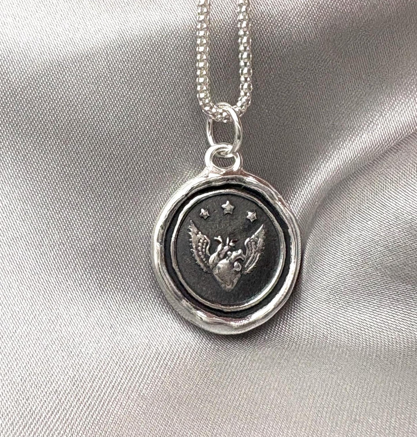 Heart & Wings Celestial Artisan Wax Seal Necklace Pendant, Handmade Silver Talisman, Intaglio Seal Heirloom, Original Design LT Studio