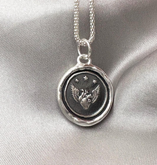 Heart & Wings Celestial Artisan Wax Seal Necklace Pendant, Handmade Silver Talisman, Intaglio Seal Heirloom, Original Design LT Studio