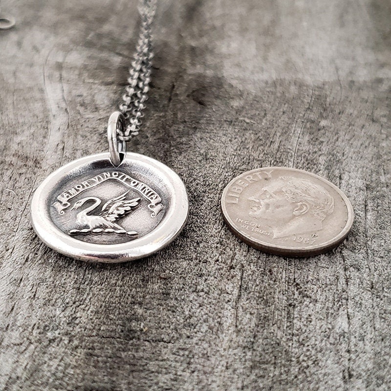 Silver Swan Pendant, Handmade Silver Charm, Wax Seal Necklace, Intaglio Seal Original Design by LilianeTing LT040
