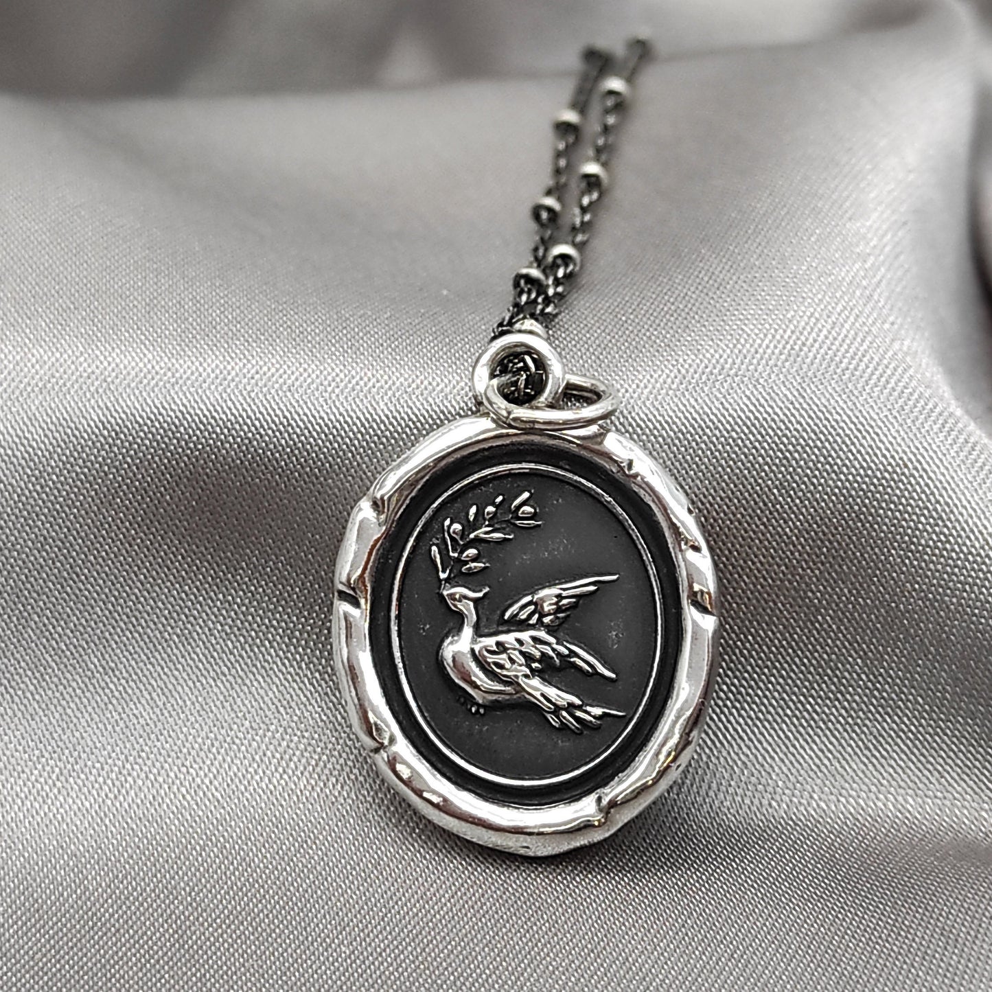 Dove Olive Pendant, Wax Seal Bird Necklace, Handmade Silver Charm, Intaglio Seal Heirloom, Original Design Liliane Ting Studio LT057