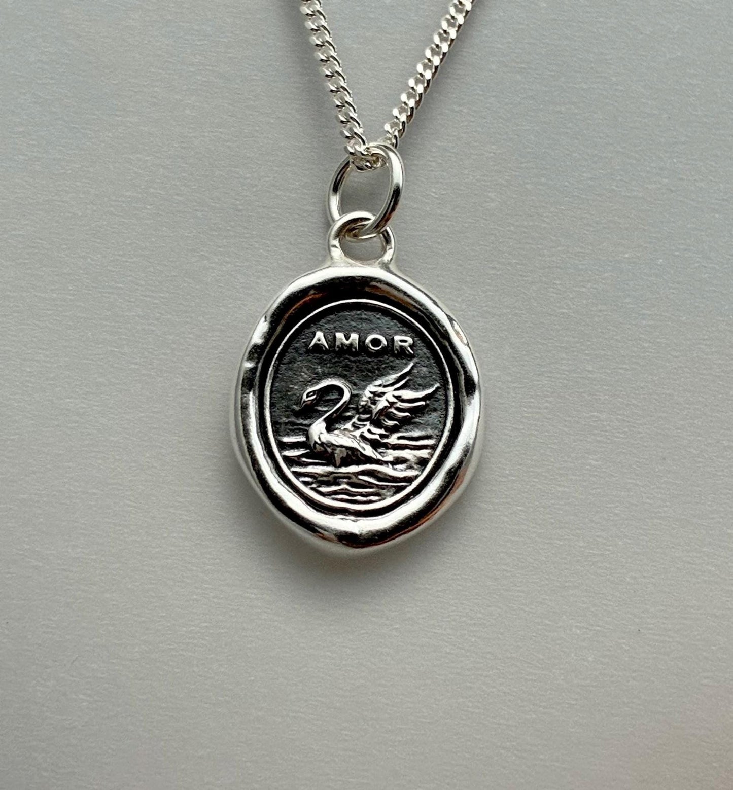 Swan Amor Love Wax Seal Necklace Pendant, Handmade Silver Talisman, Intaglio Seal Heirloom Original Design LT042